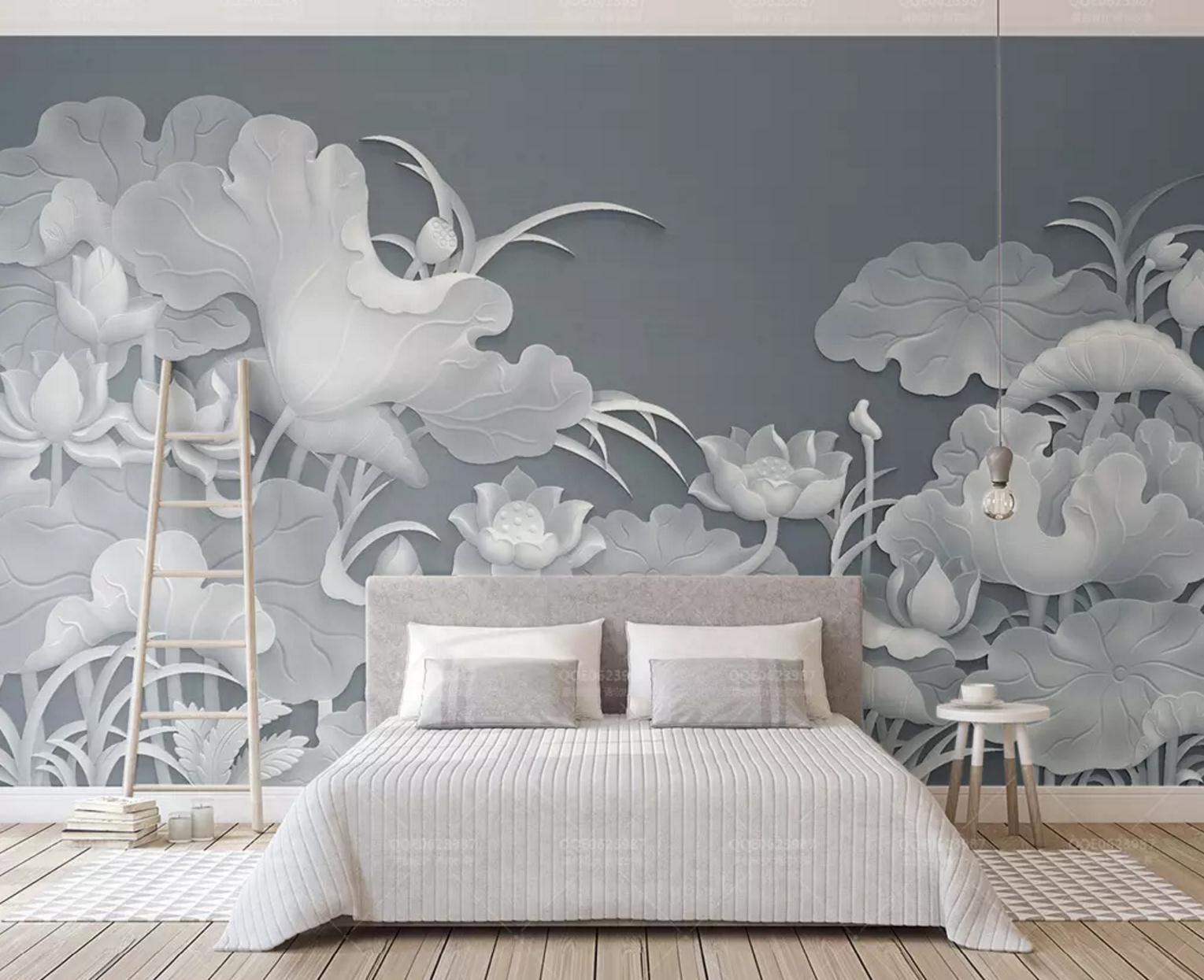 3D White Lotus Leaf 428 Wallpaper AJ Wallpaper 