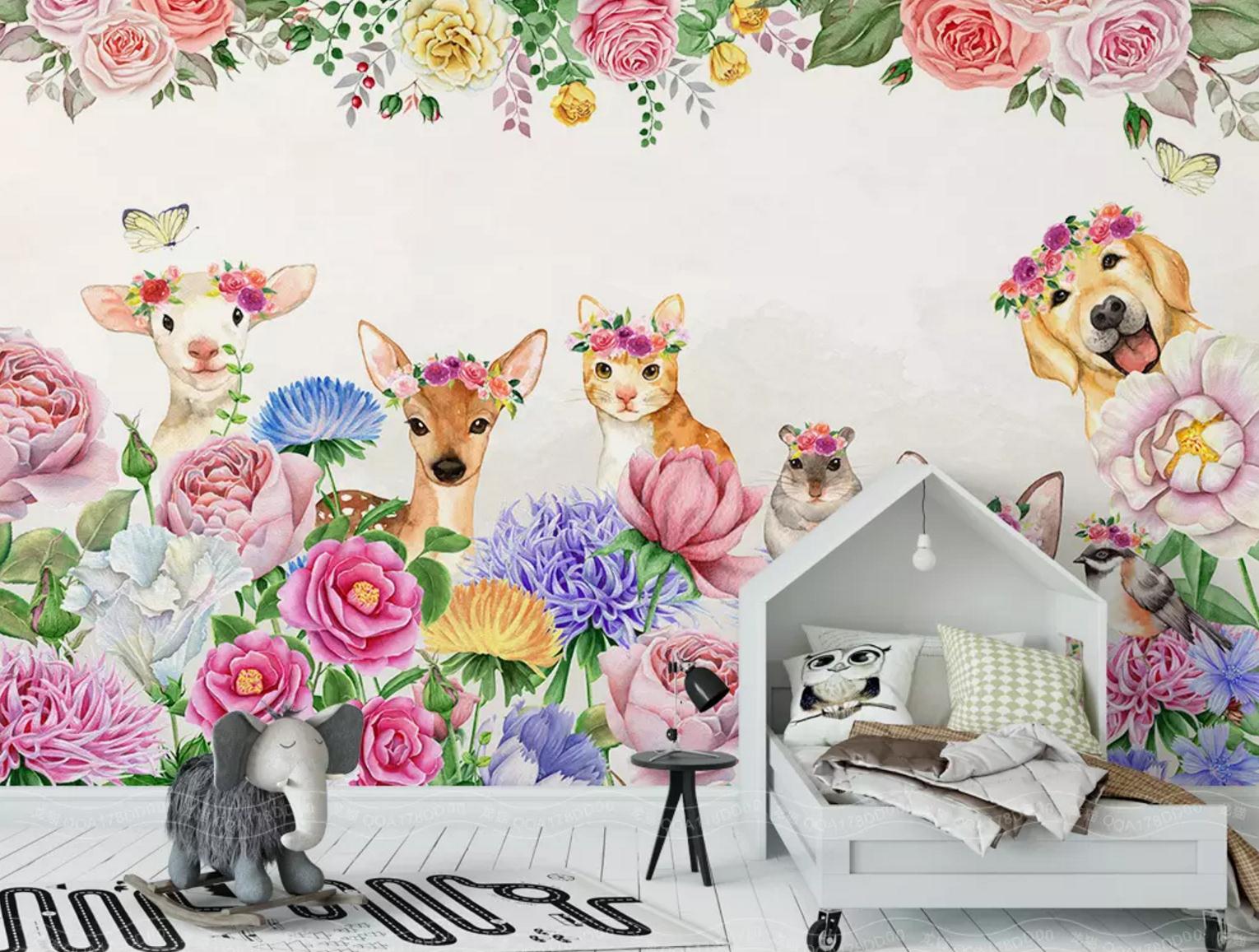 3D Kitten Fawn Flower WC431 Wall Murals