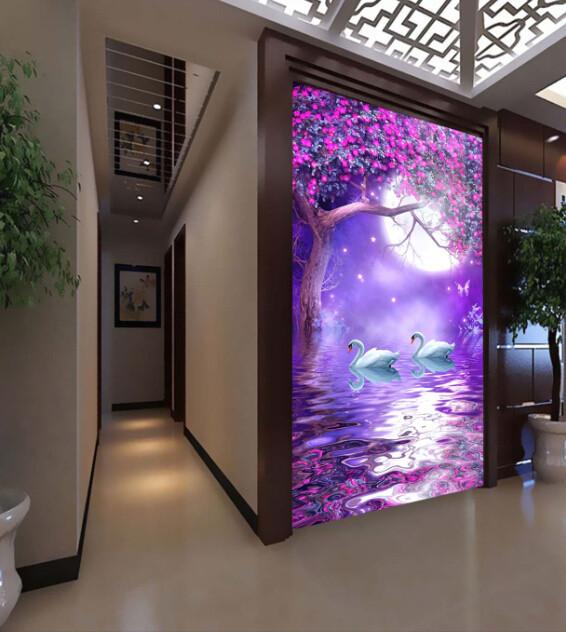 3D Swan Reflection Ripple Moon Porch Wallpaper AJ Wallpaper 1 