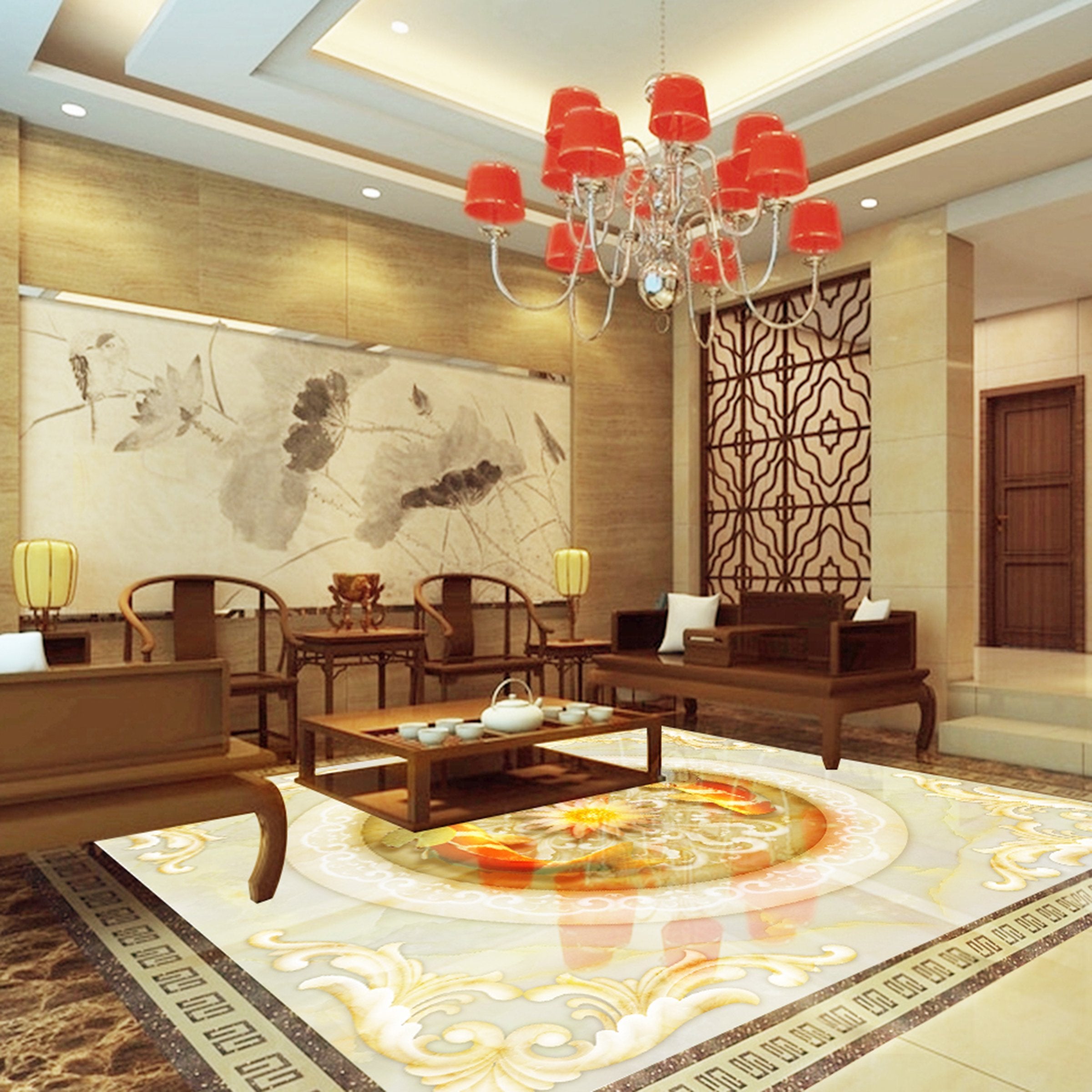 3D Golden Lotus WG382 Floor Mural Wallpaper AJ Wallpaper 2 
