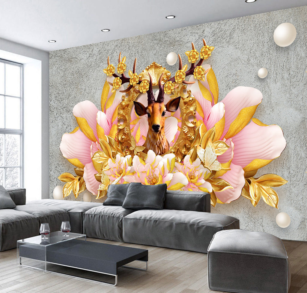 3D Gold Flower Fawn WG033 Wall Murals