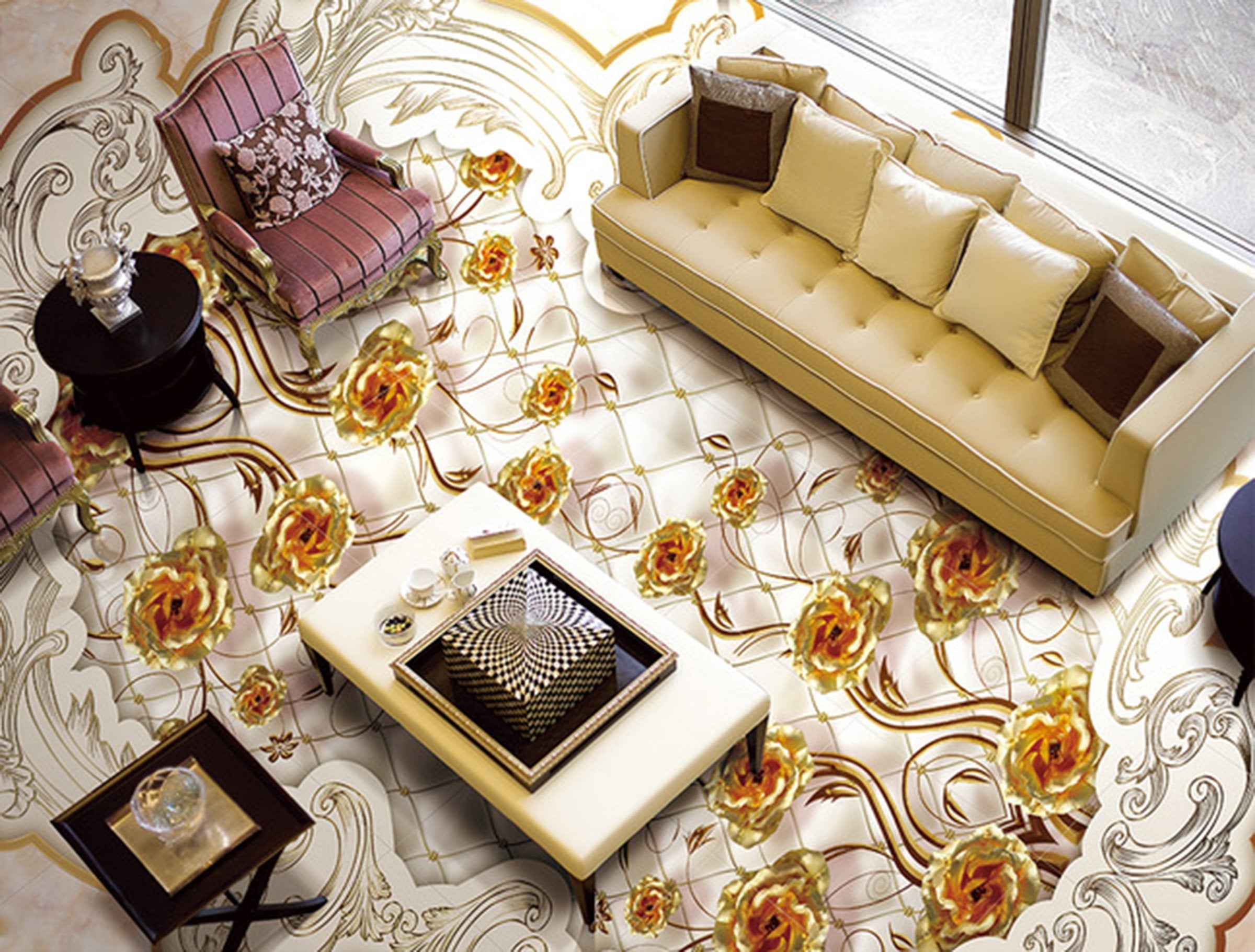 3D Golden Flowers WG032 Floor Mural Wallpaper AJ Wallpaper 2 