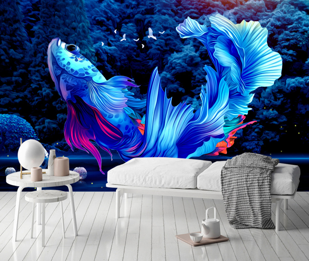 3D Blue Fish Bird WG216 Wall Murals