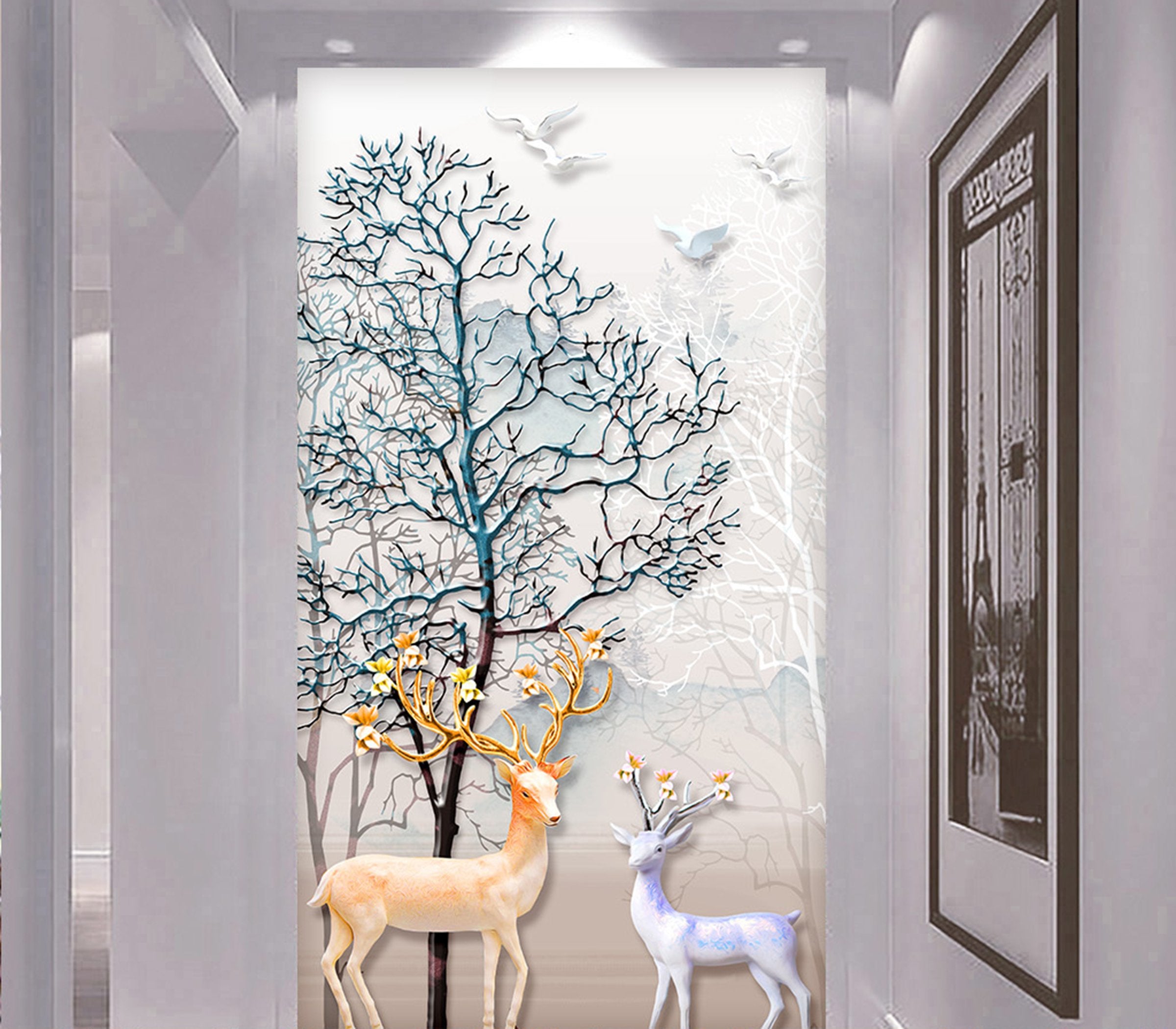 3D Leaping Deer 3387 Wall Paper Print Decal Deco Wall Mural Self-Adhesive  Wallpaper AJ US Lv (Woven Paper (Need Glue), 【205”x114”】 520x290cm(WxH)) 