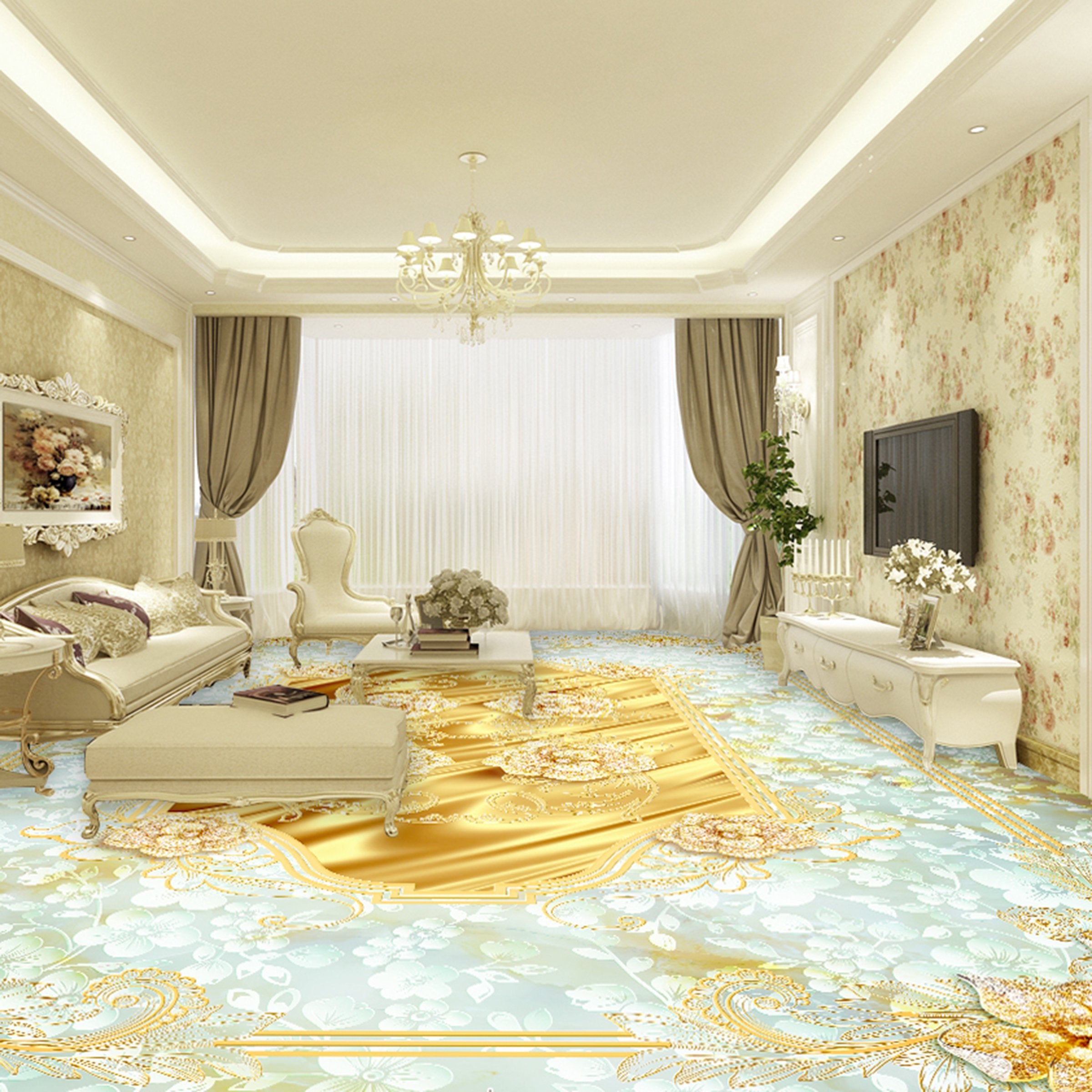3D Golden Pattern WG176 Floor Mural Wallpaper AJ Wallpaper 2 