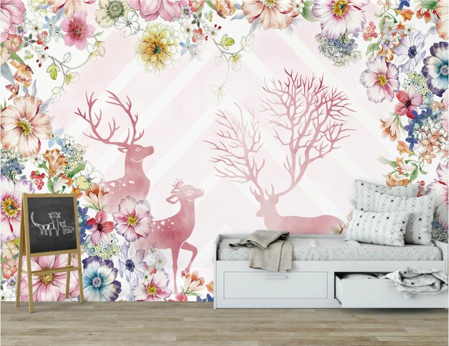 3D Pink Deer Flower WC2744 Wall Murals