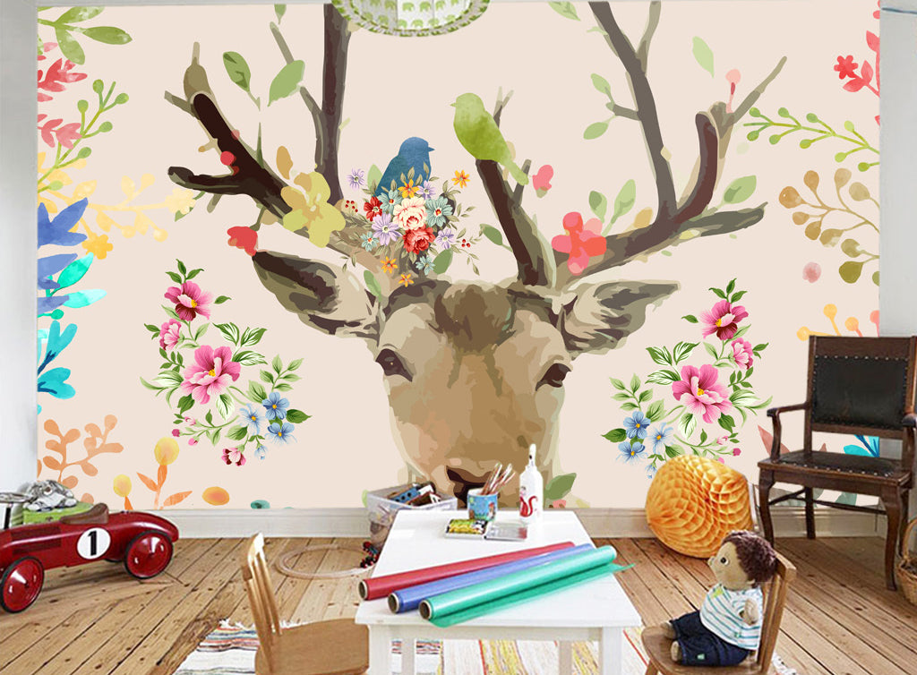 3D Green Bird Deer WG220 Wall Murals