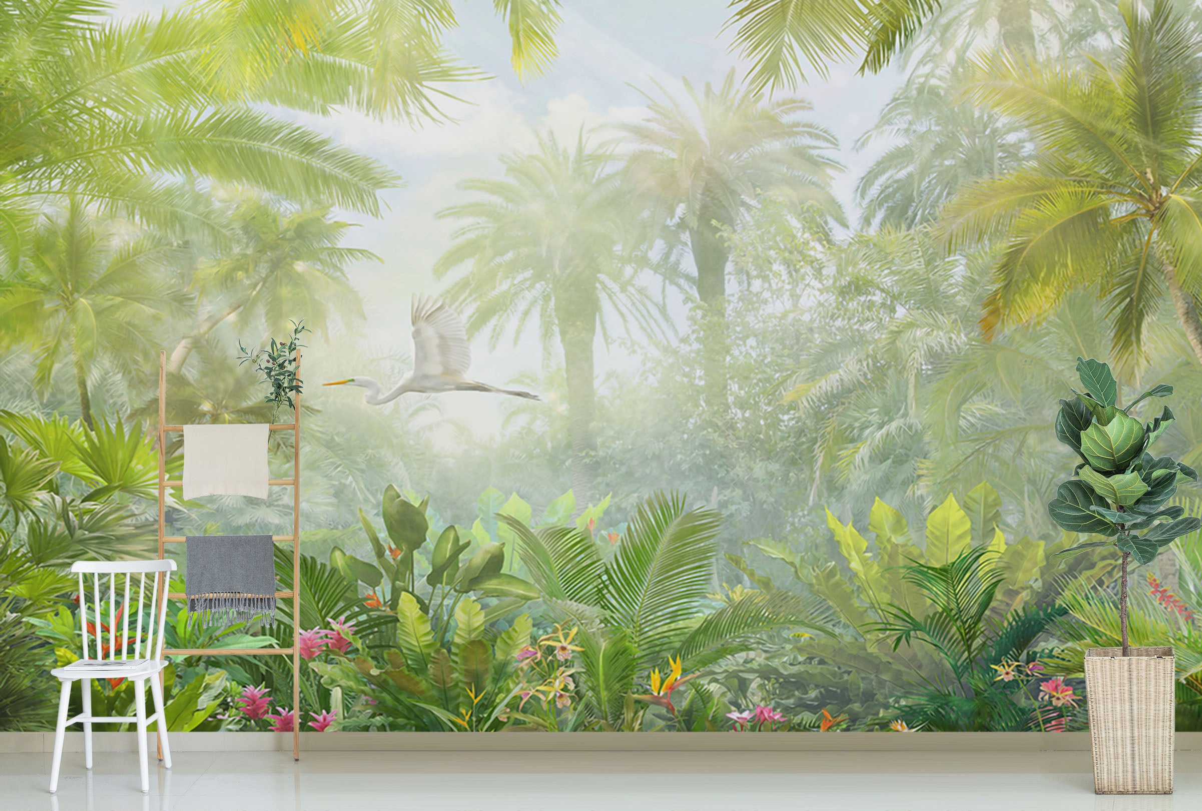 3D White Crane Forest 1544 Wall Murals