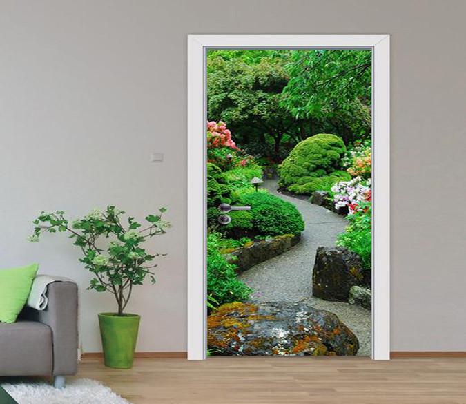 3D cozy green tree view door mural Wallpaper AJ Wallpaper 