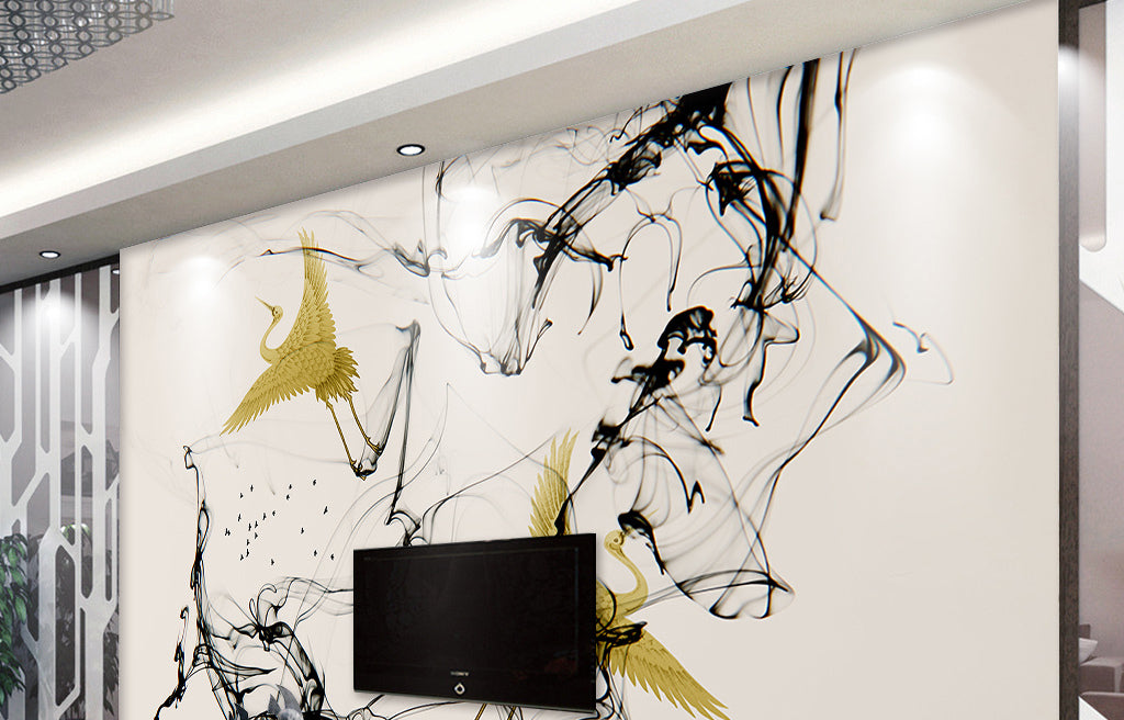 3D Gold Crane WG084 Wall Murals