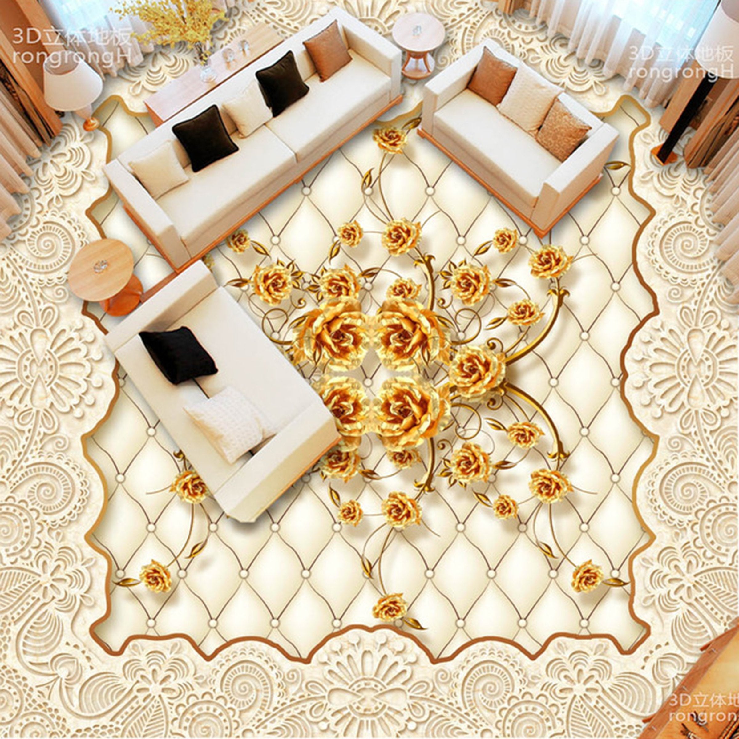 3D Golden Flowers WG033 Floor Mural Wallpaper AJ Wallpaper 2 