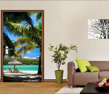 3D palm trees by the sea door mural Wallpaper AJ Wallpaper 
