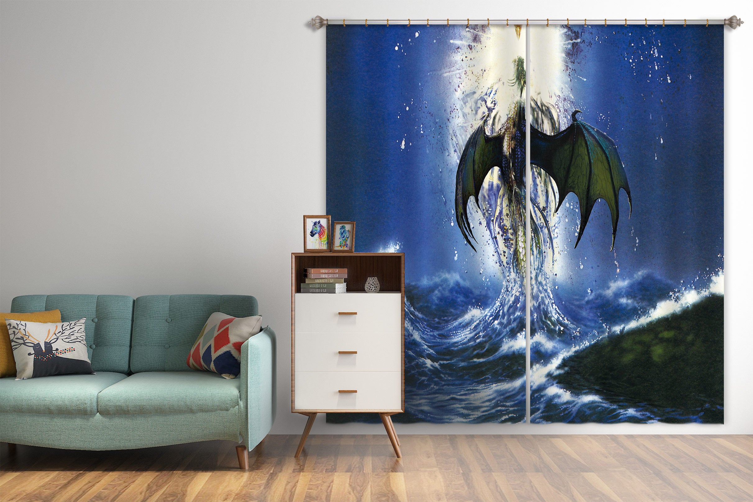 3D Night Sky Waves Dragon 7156 Ciruelo Curtain Curtains Drapes