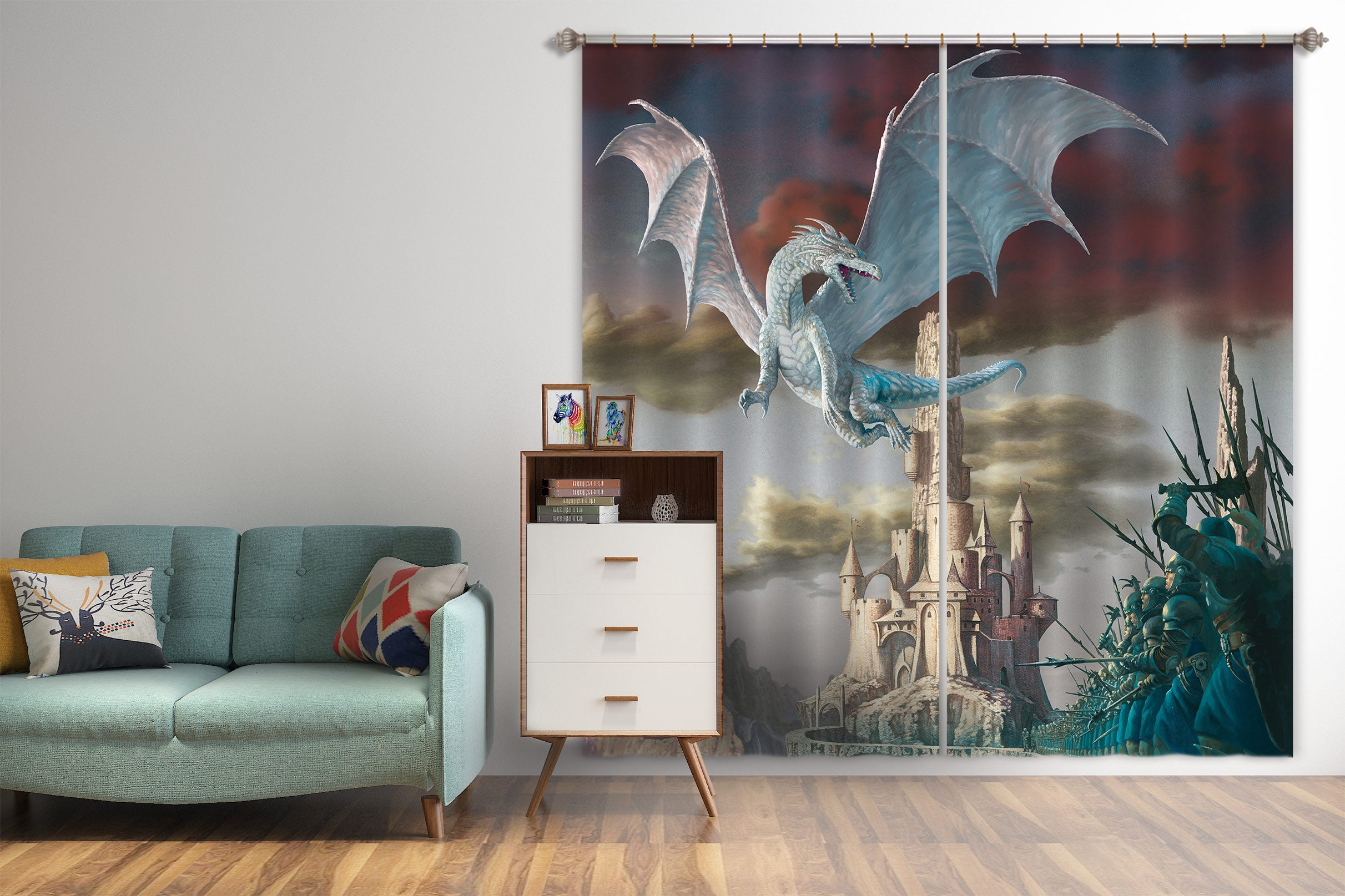 3D Castle Big White Dragon 7154 Ciruelo Curtain Curtains Drapes