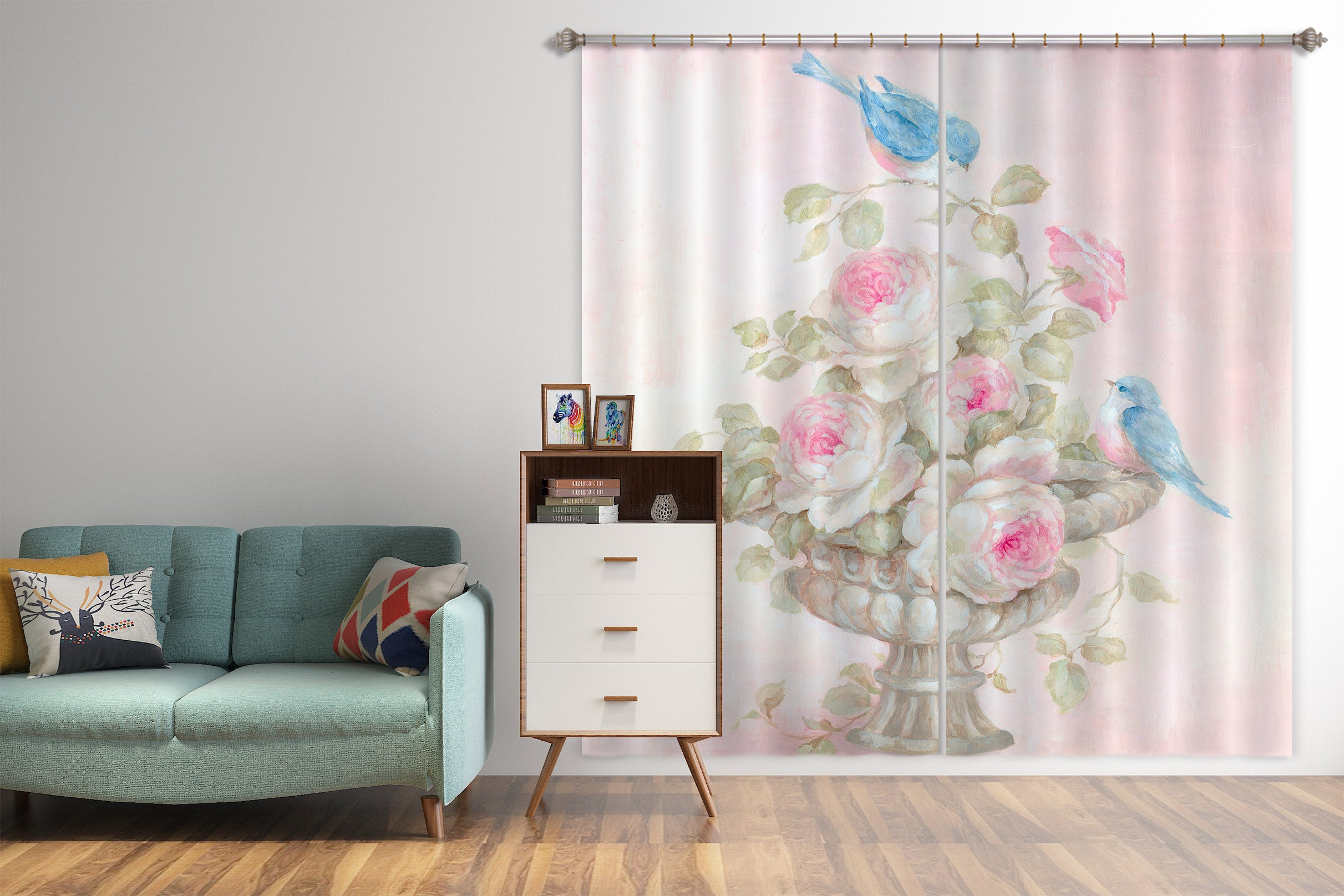 3D White-Pink Flowerpot Bird 3083 Debi Coules Curtain Curtains Drapes