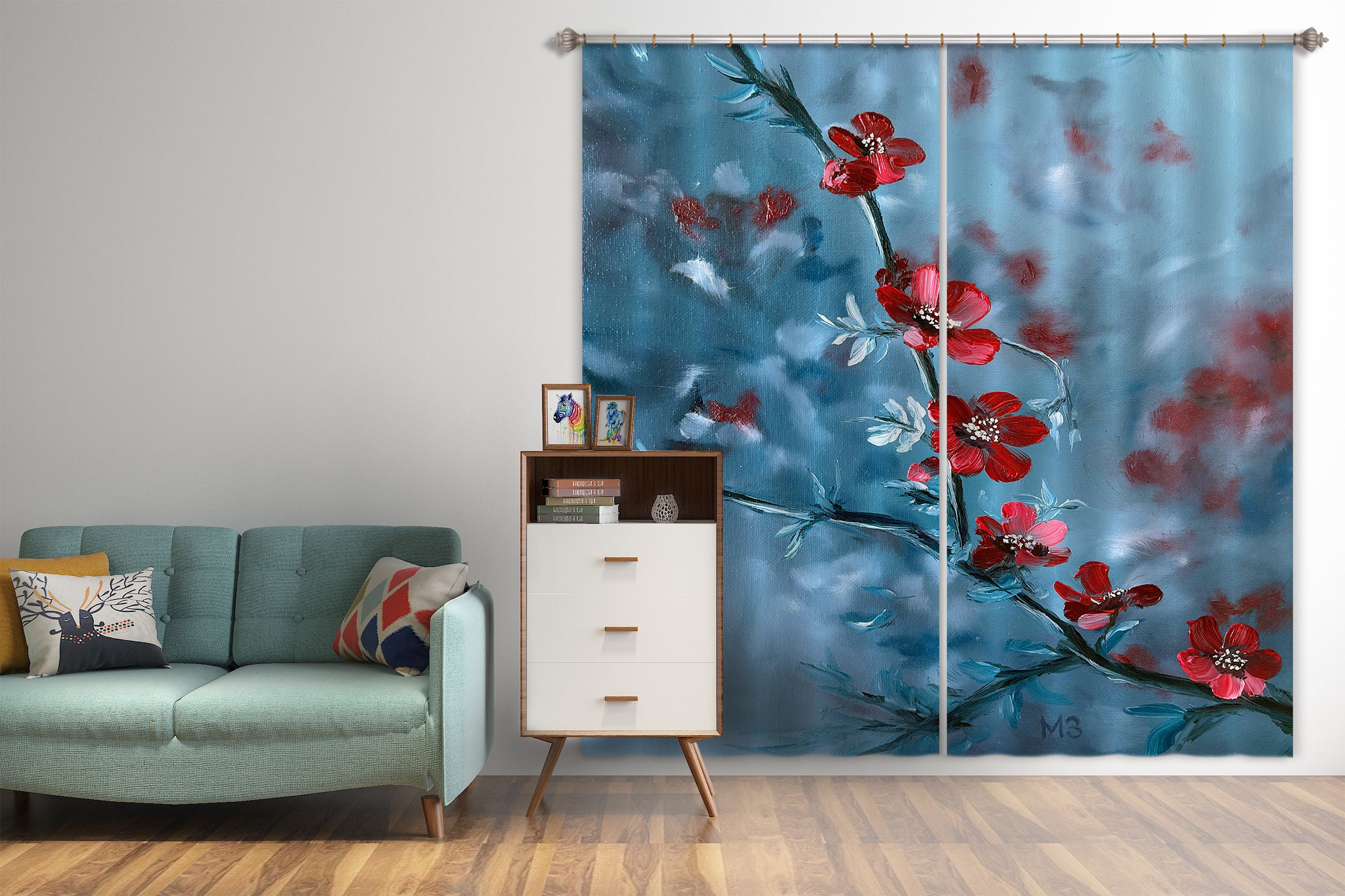 3D Red Flower Branch 9781 Marina Zotova Curtain Curtains Drapes