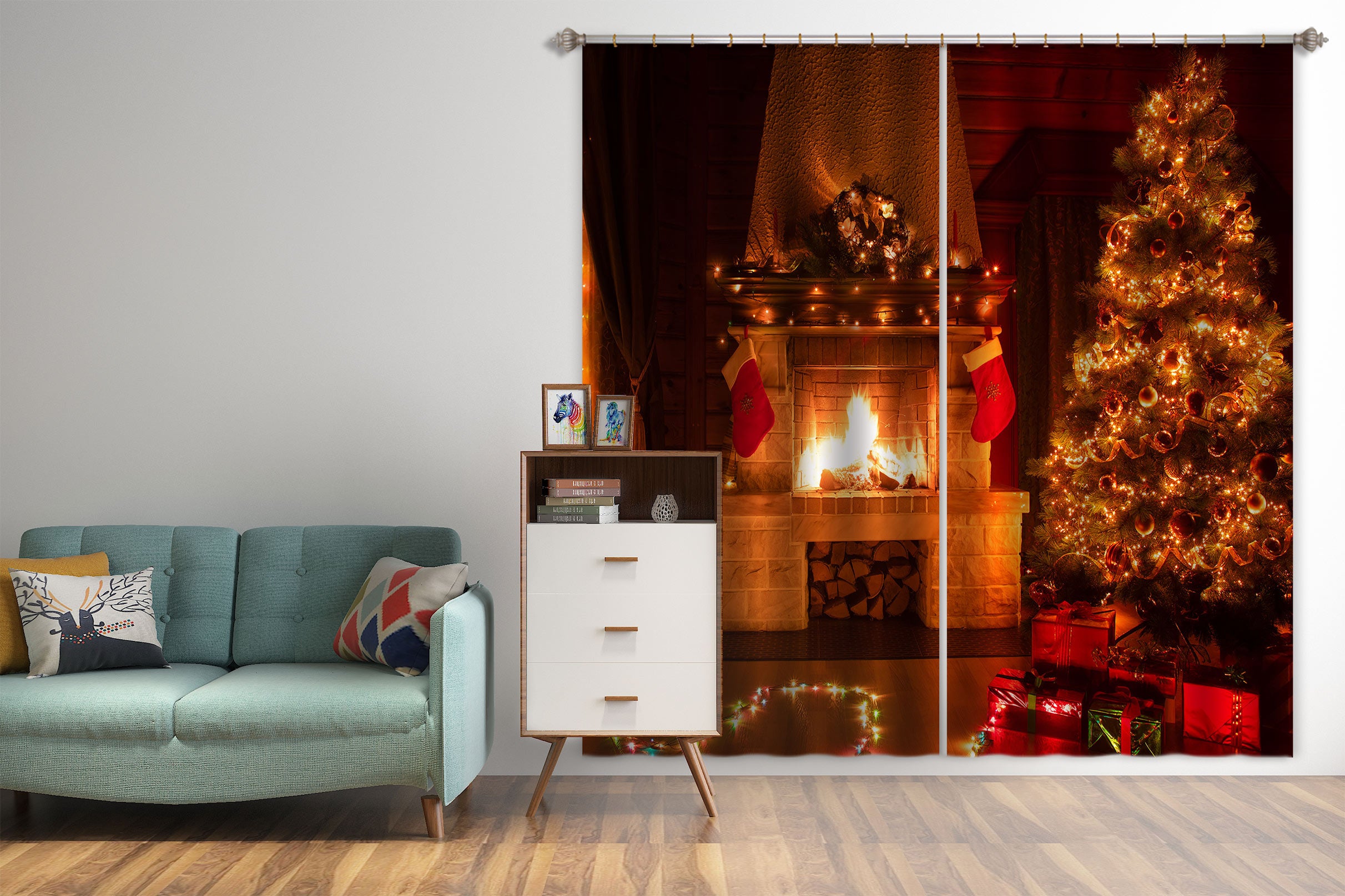 3D Tree Fireplace 53139 Christmas Curtains Drapes Xmas