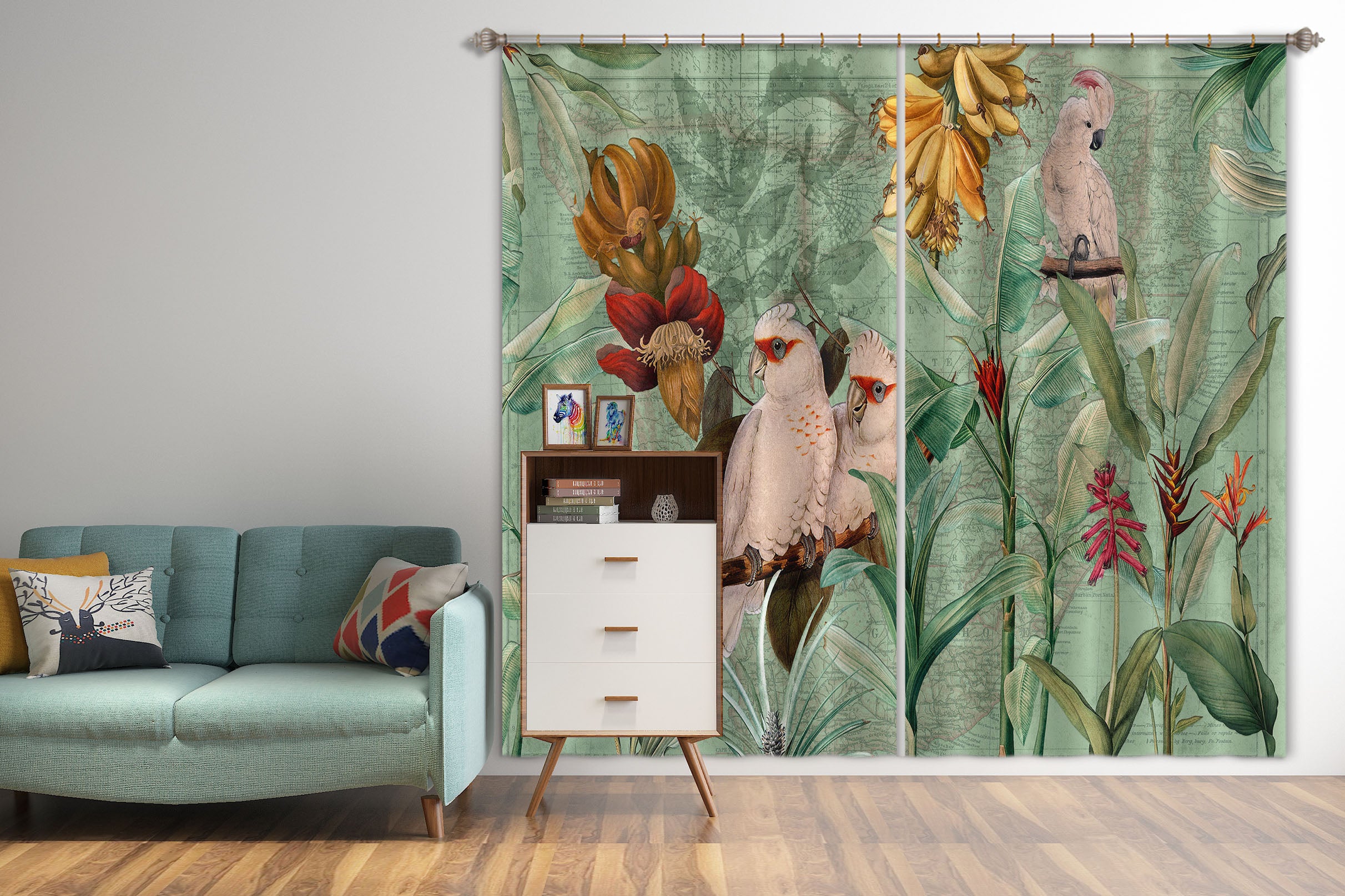 3D Banana Parrot Flower 213 Uta Naumann Curtain Curtains Drapes