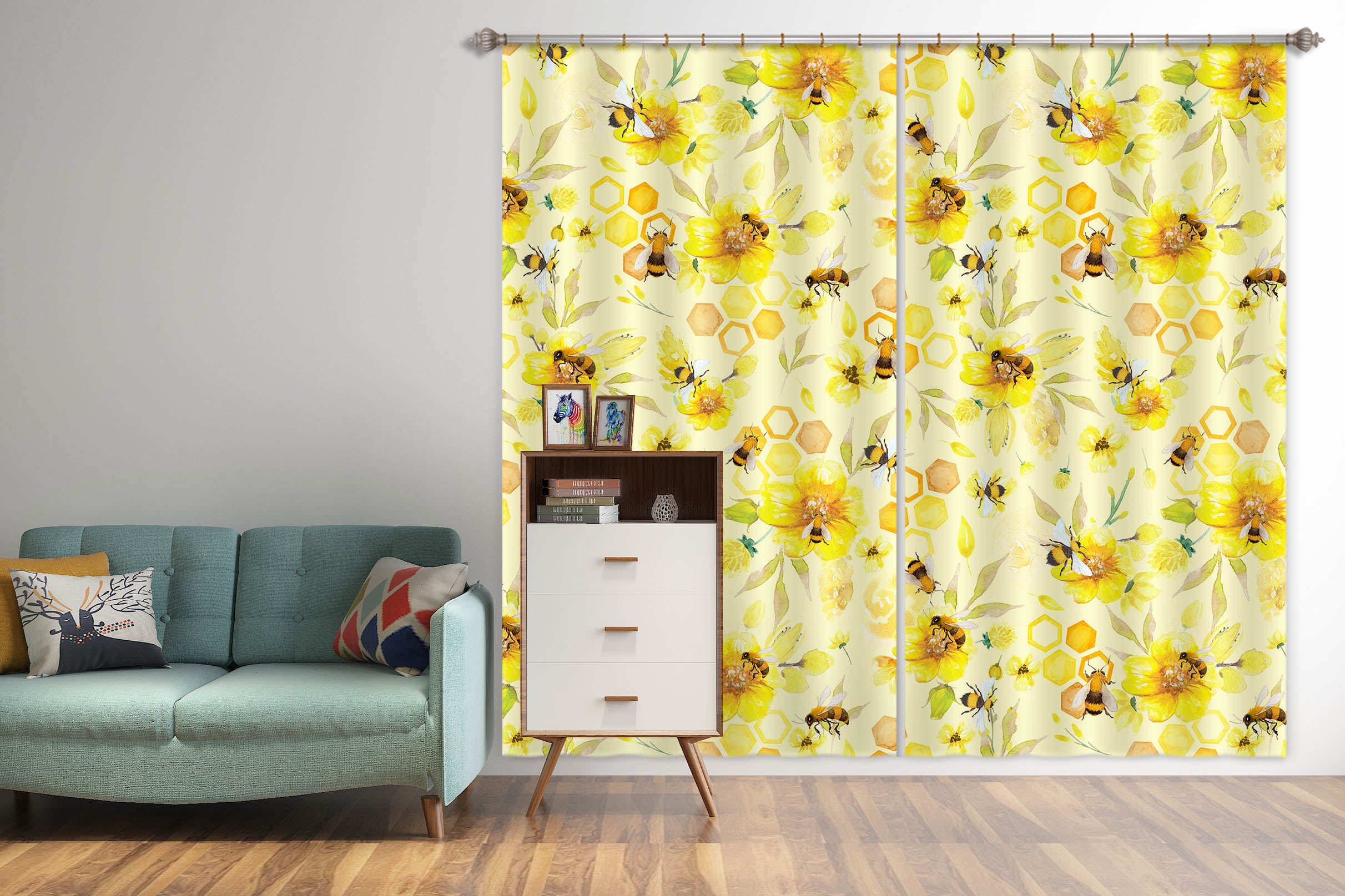 3D Bee Yellow Flower 241 Uta Naumann Curtain Curtains Drapes