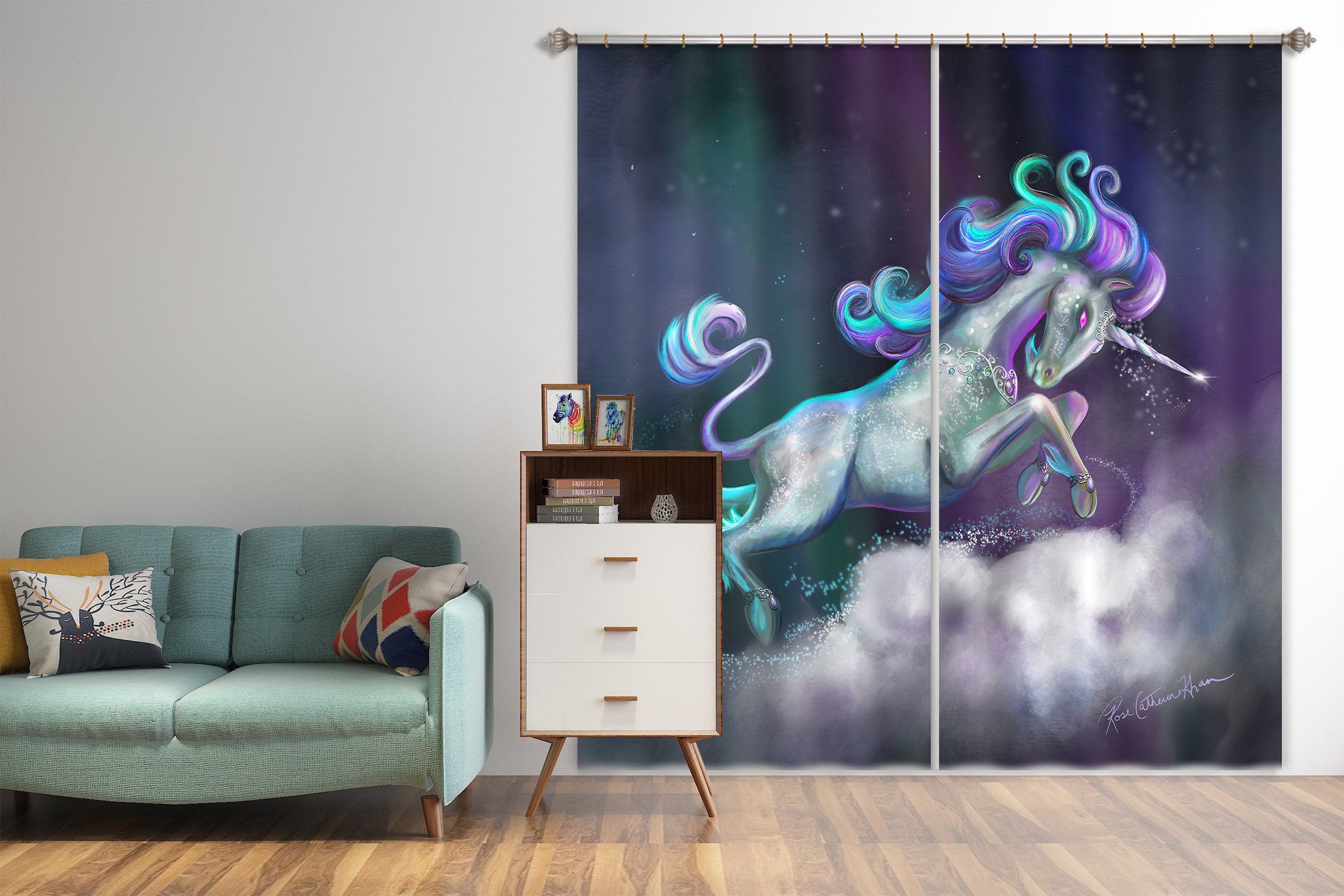 3D White Unicorn 114 Rose Catherine Khan Curtain Curtains Drapes