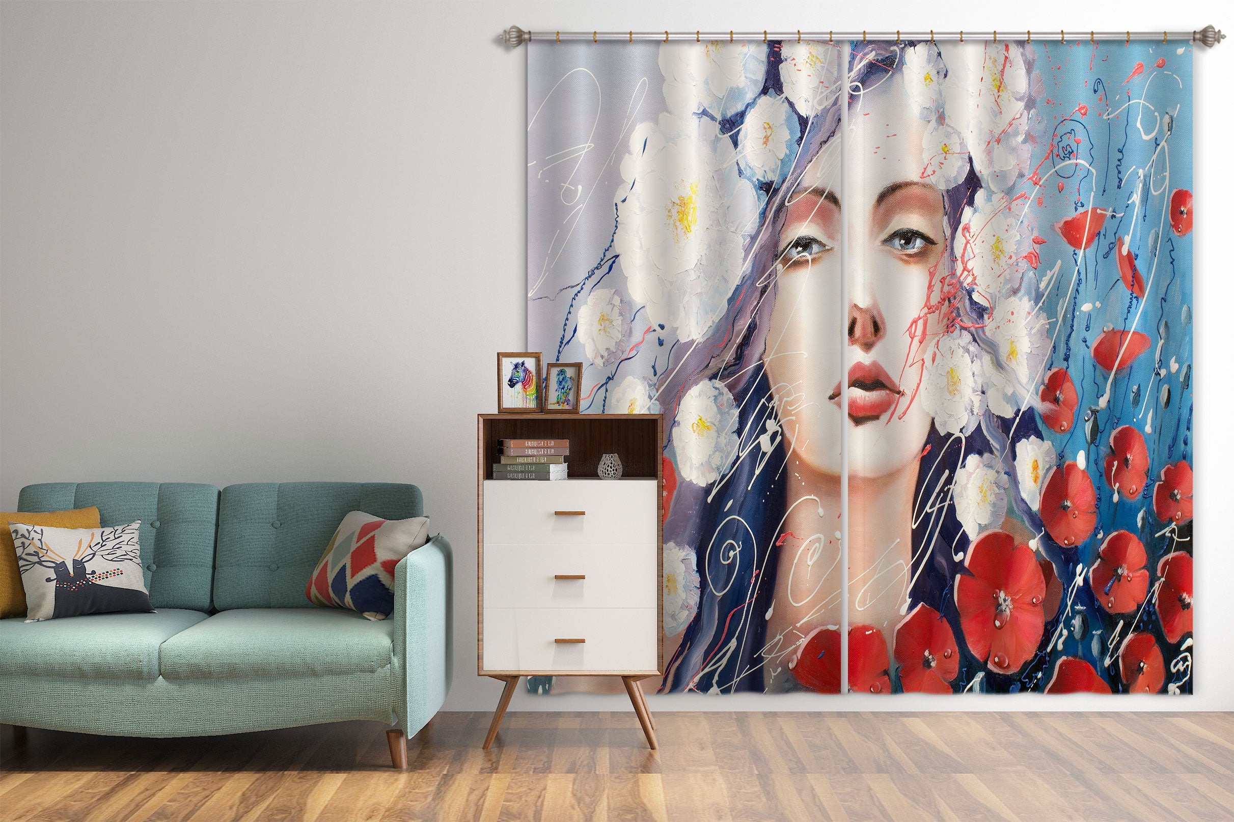 3D White Flower Girl 024 Curtains Drapes