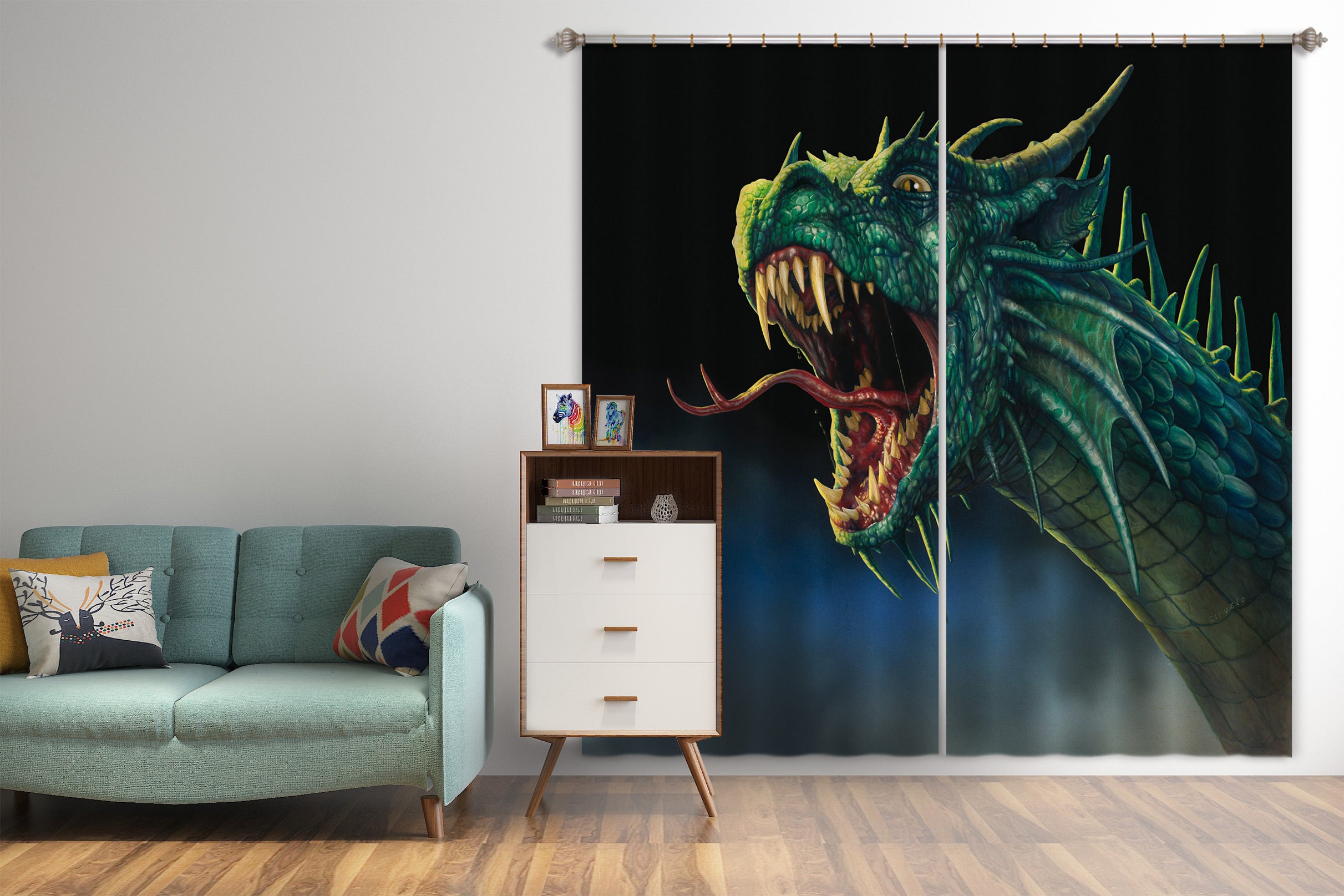 3D Green Dragon 7168 Ciruelo Curtain Curtains Drapes
