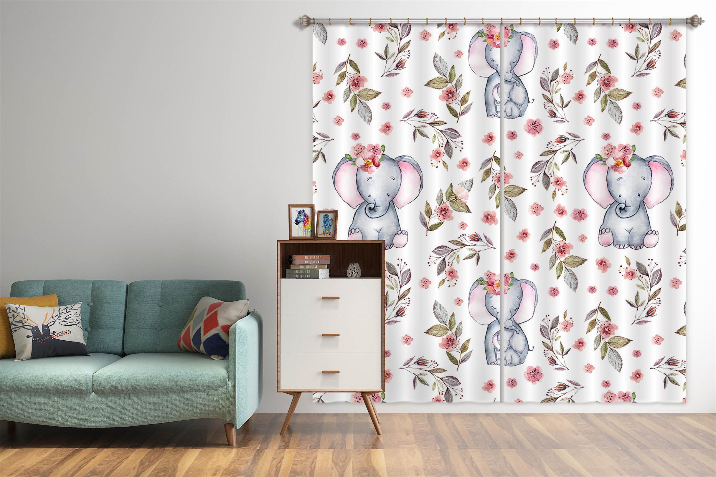 3D Elephant Pink Flower 144 Uta Naumann Curtain Curtains Drapes