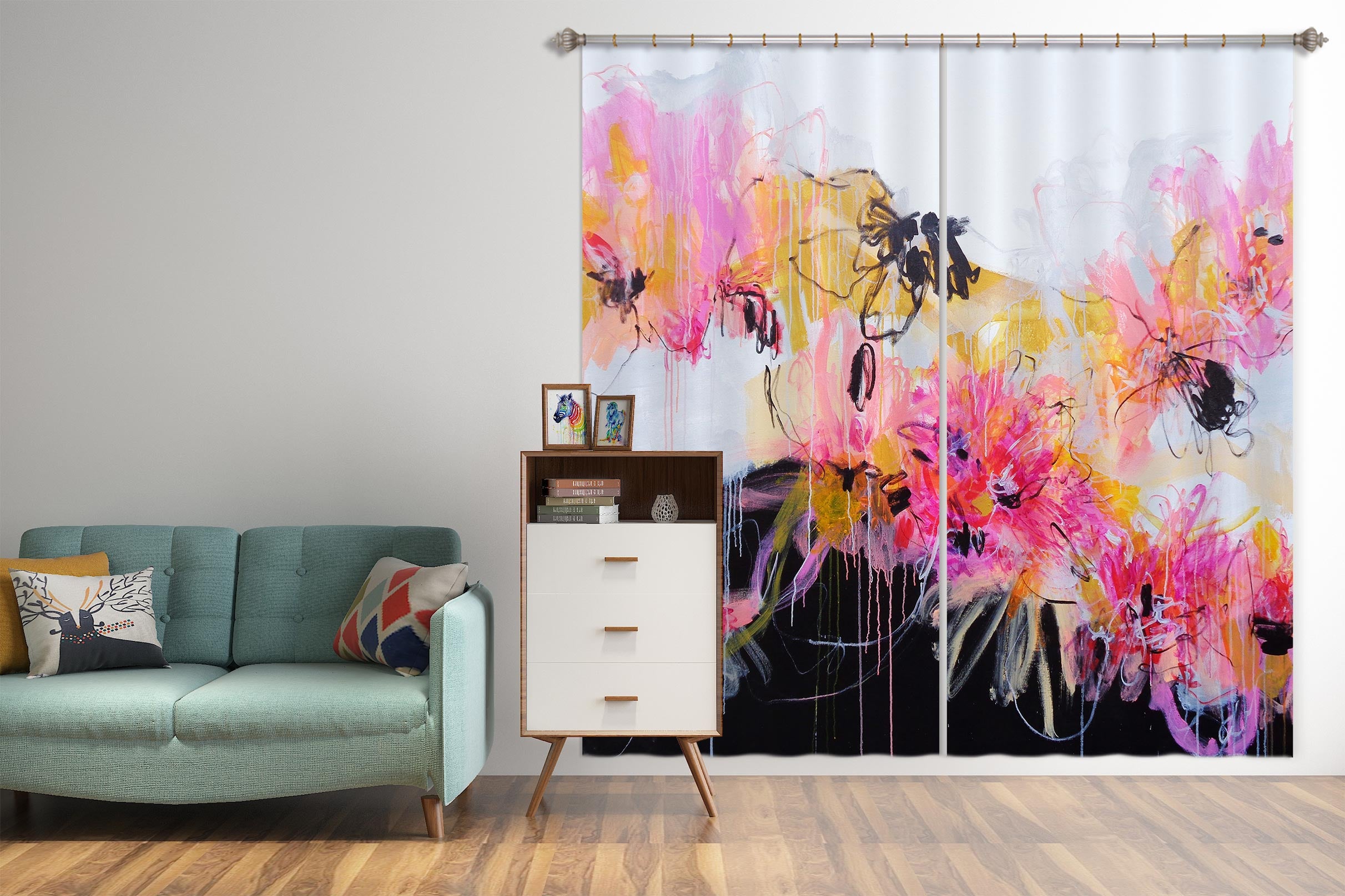 3D Pink Watercolor Flowers 2345 Misako Chida Curtain Curtains Drapes