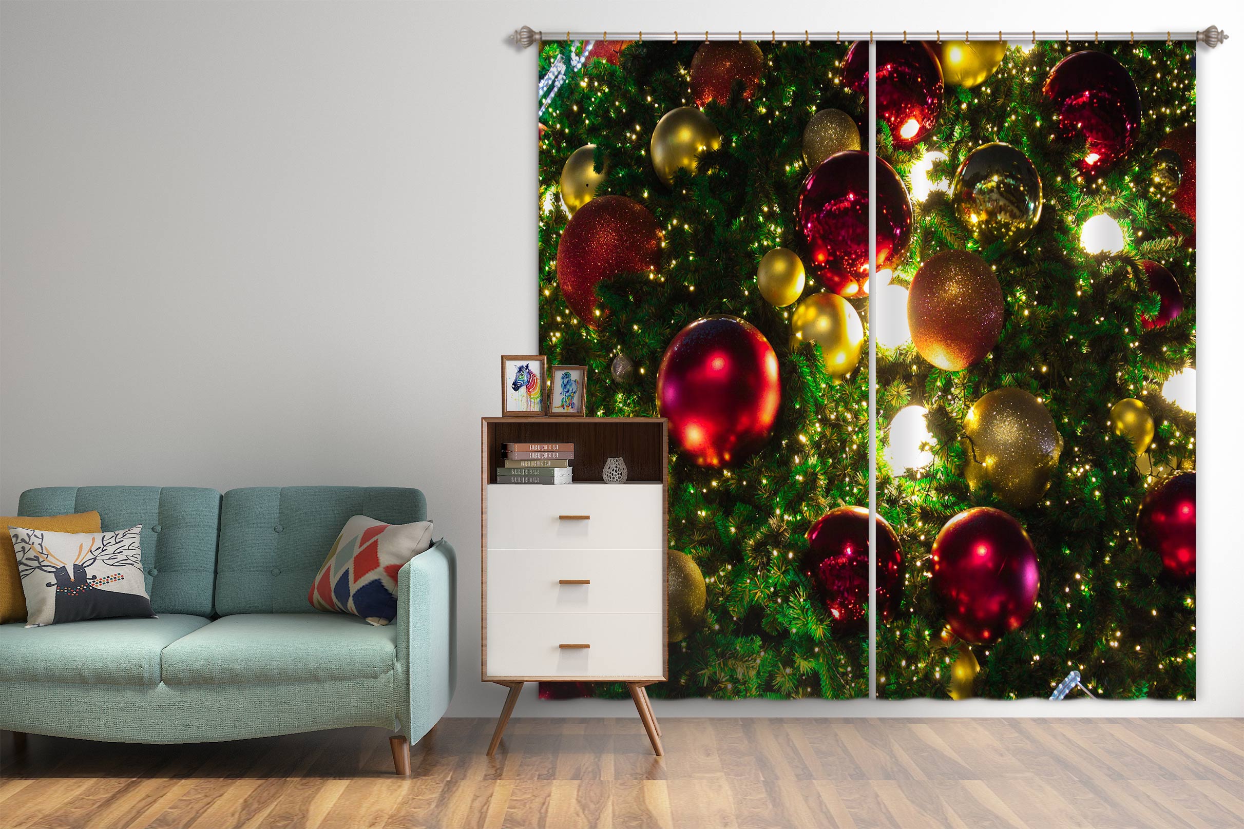 3D Red Golden Ball 53111 Christmas Curtains Drapes Xmas