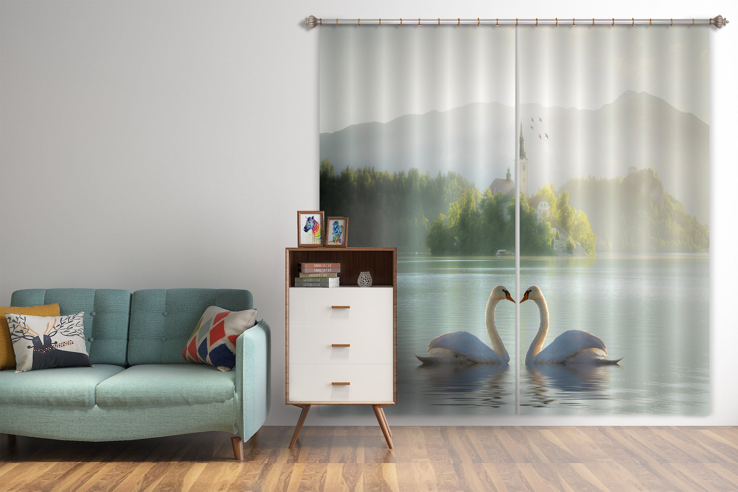 3D Swan Lake 065 Marco Carmassi Curtain Curtains Drapes