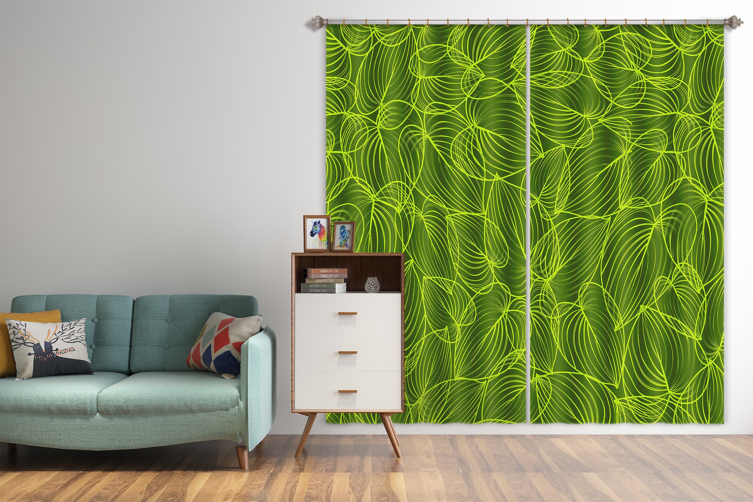 3D Green Leaf Lines 11142 Kashmira Jayaprakash Curtain Curtains Drapes