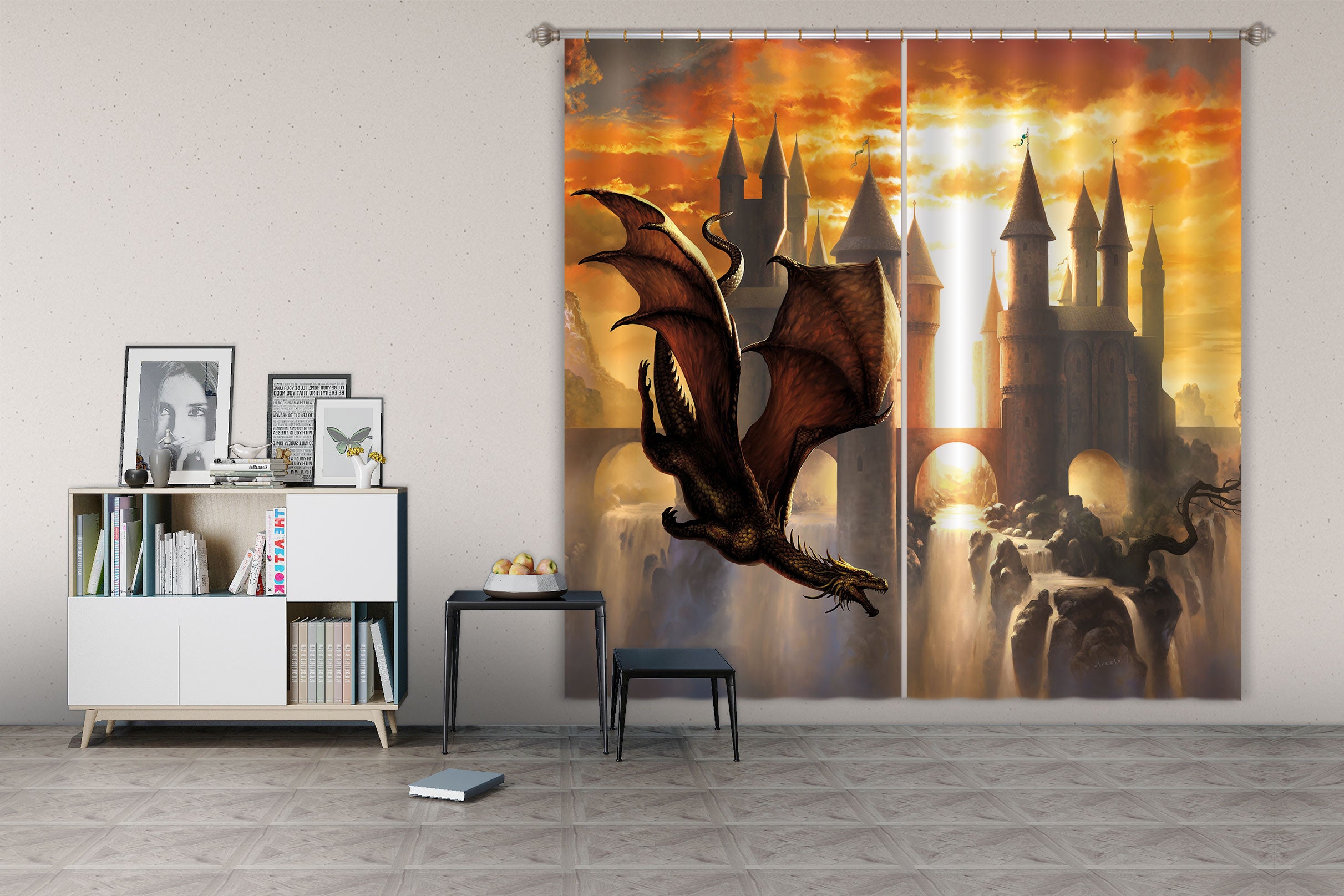 3D Sunset Castle Dragon 7203 Ciruelo Curtain Curtains Drapes