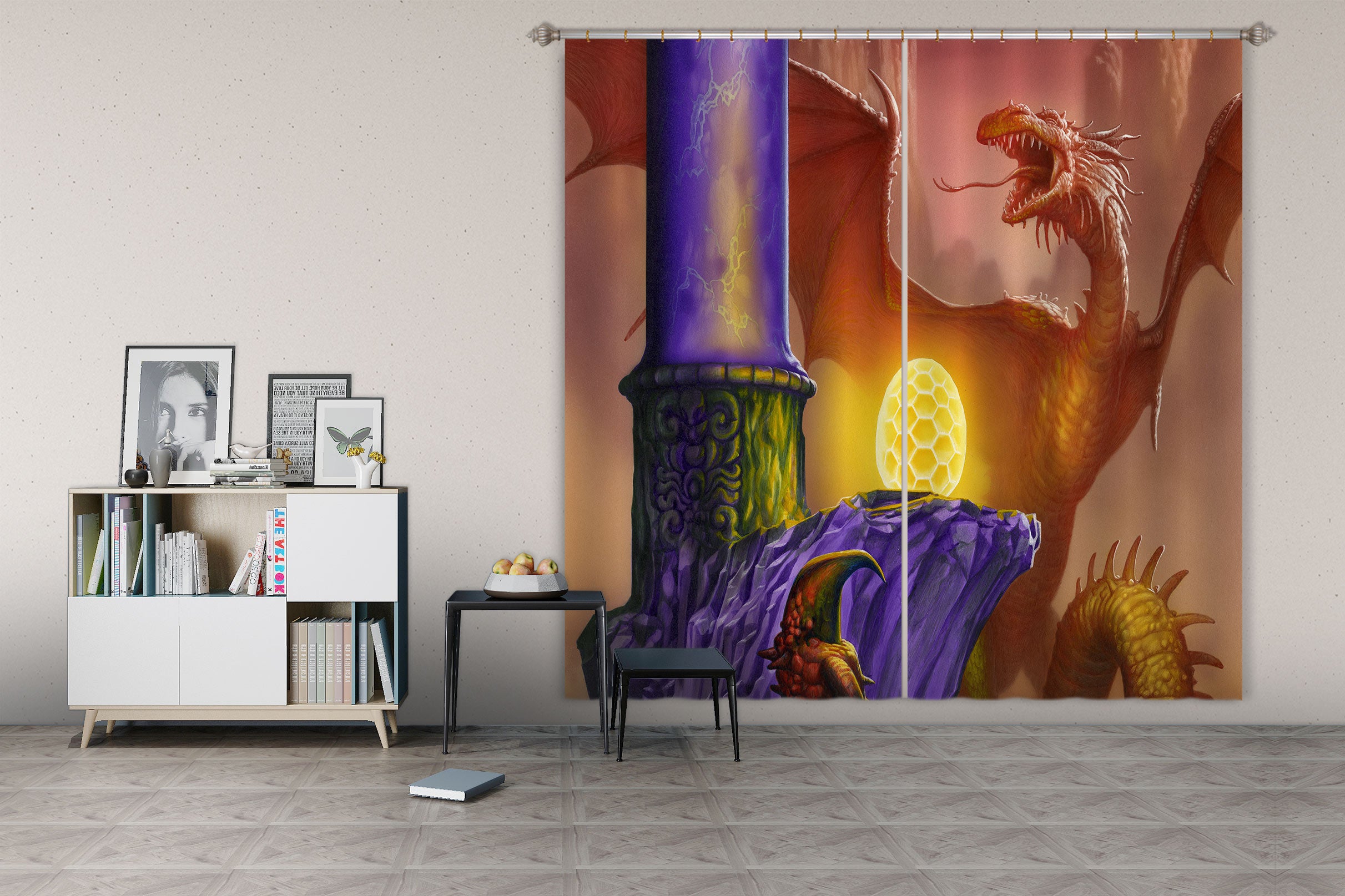 3D Red Dragon Golden Egg 7170 Ciruelo Curtain Curtains Drapes