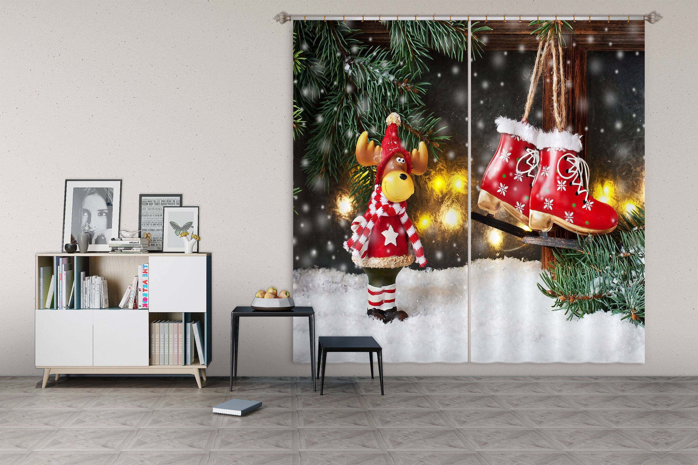 3D Snowshoe Deer 53152 Christmas Curtains Drapes Xmas