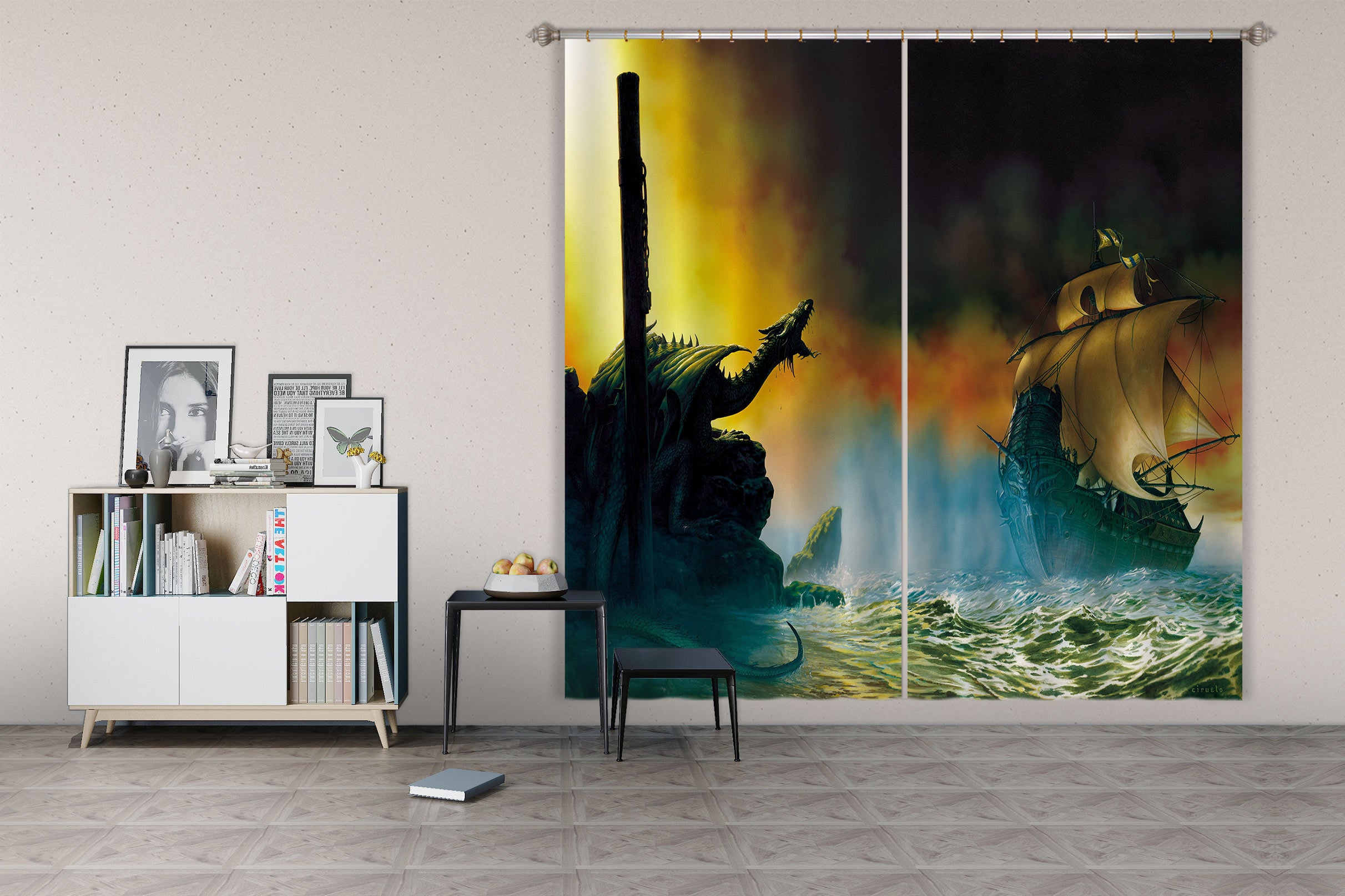 3D Dragon Waves Sailboat 7166 Ciruelo Curtain Curtains Drapes