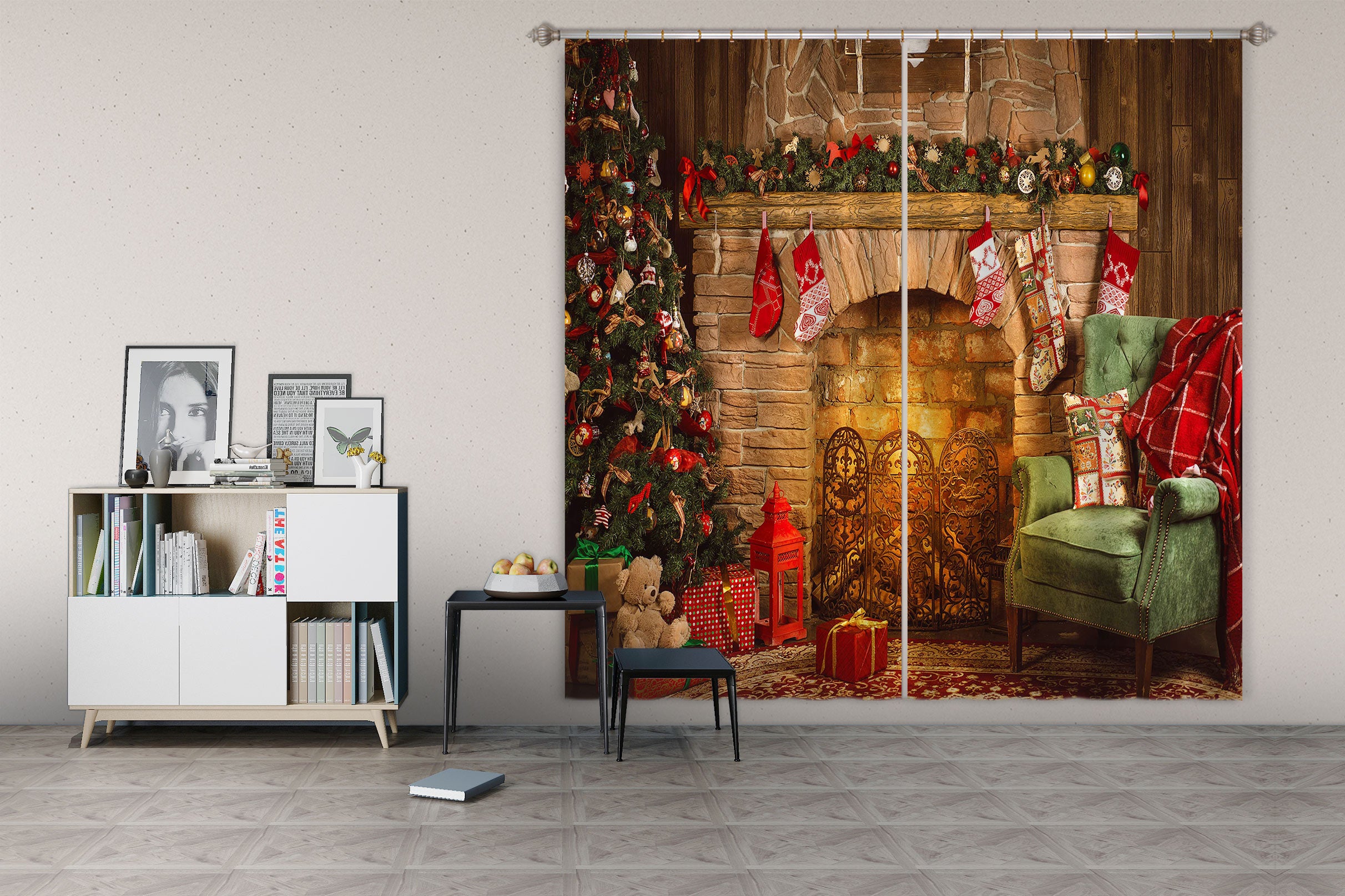 3D Fireplace Sofa 53089 Christmas Curtains Drapes Xmas