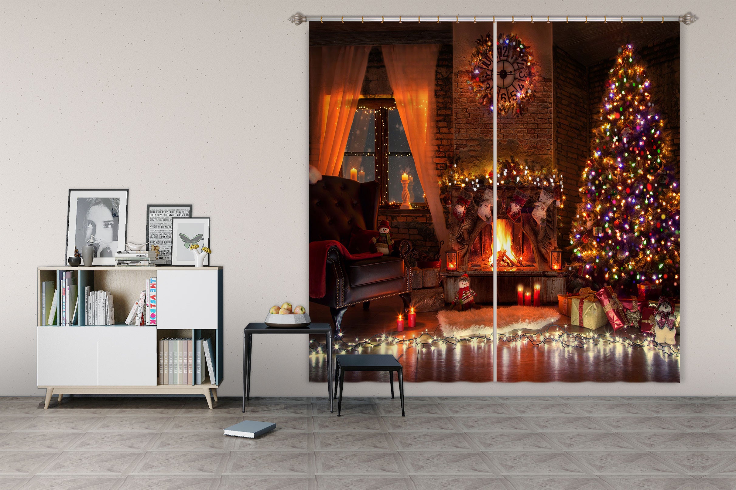 3D Tree Window Fireplace 53147 Christmas Curtains Drapes Xmas