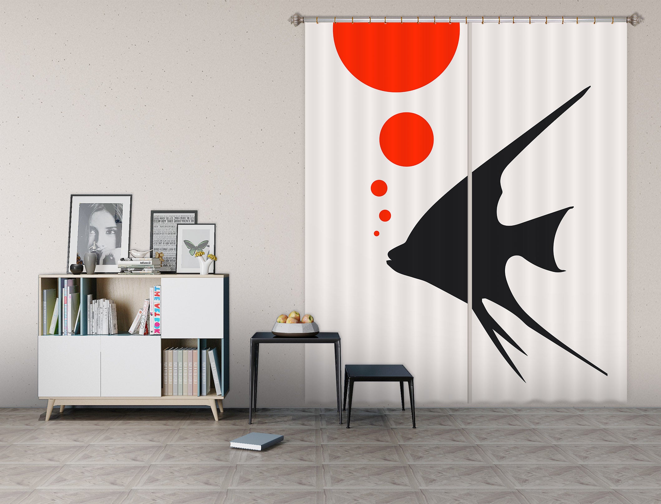 3D Black Fish 1015 Boris Draschoff Curtain Curtains Drapes