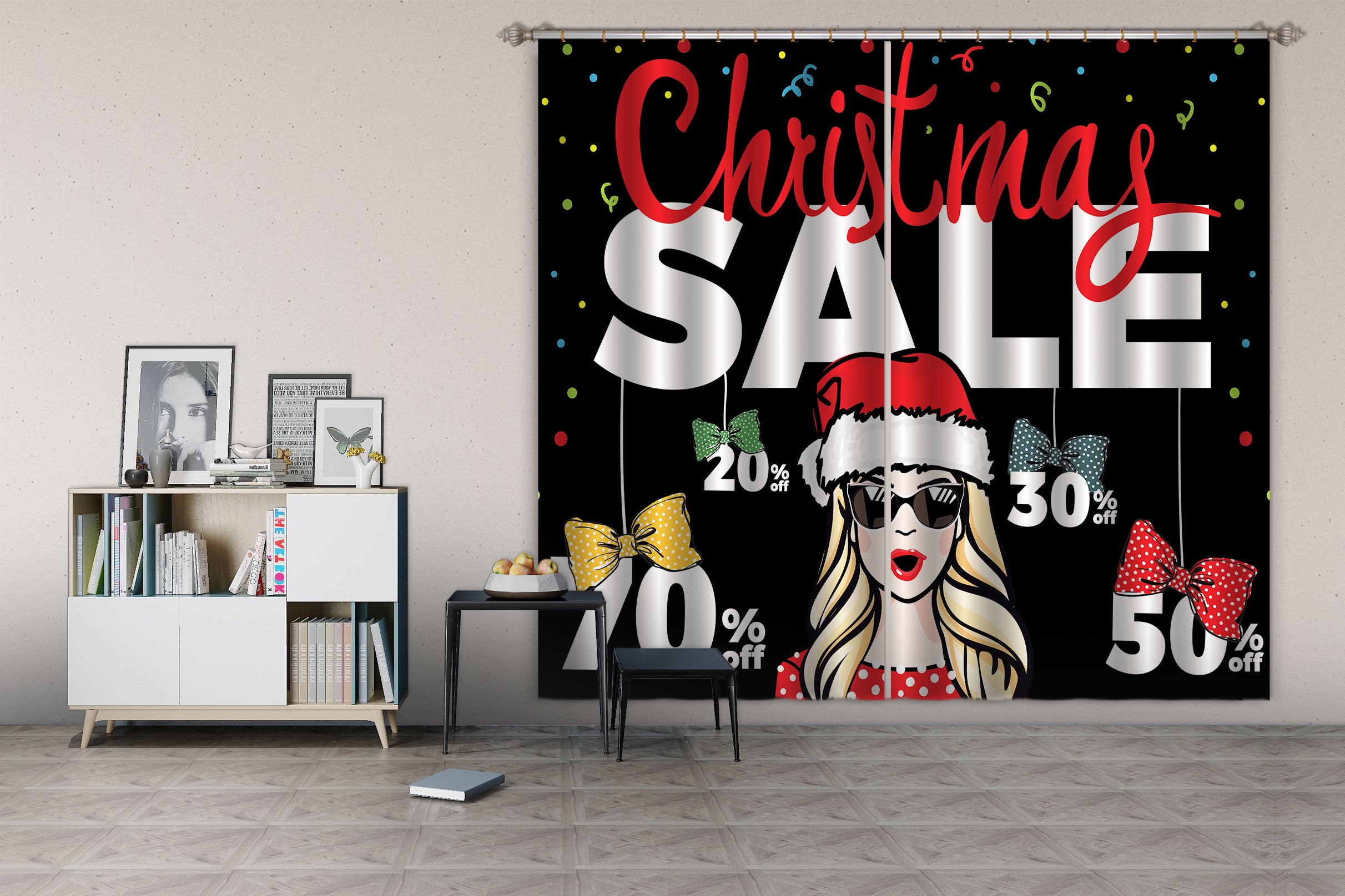 3D Christmas Hat Woman 038 Curtains Drapes