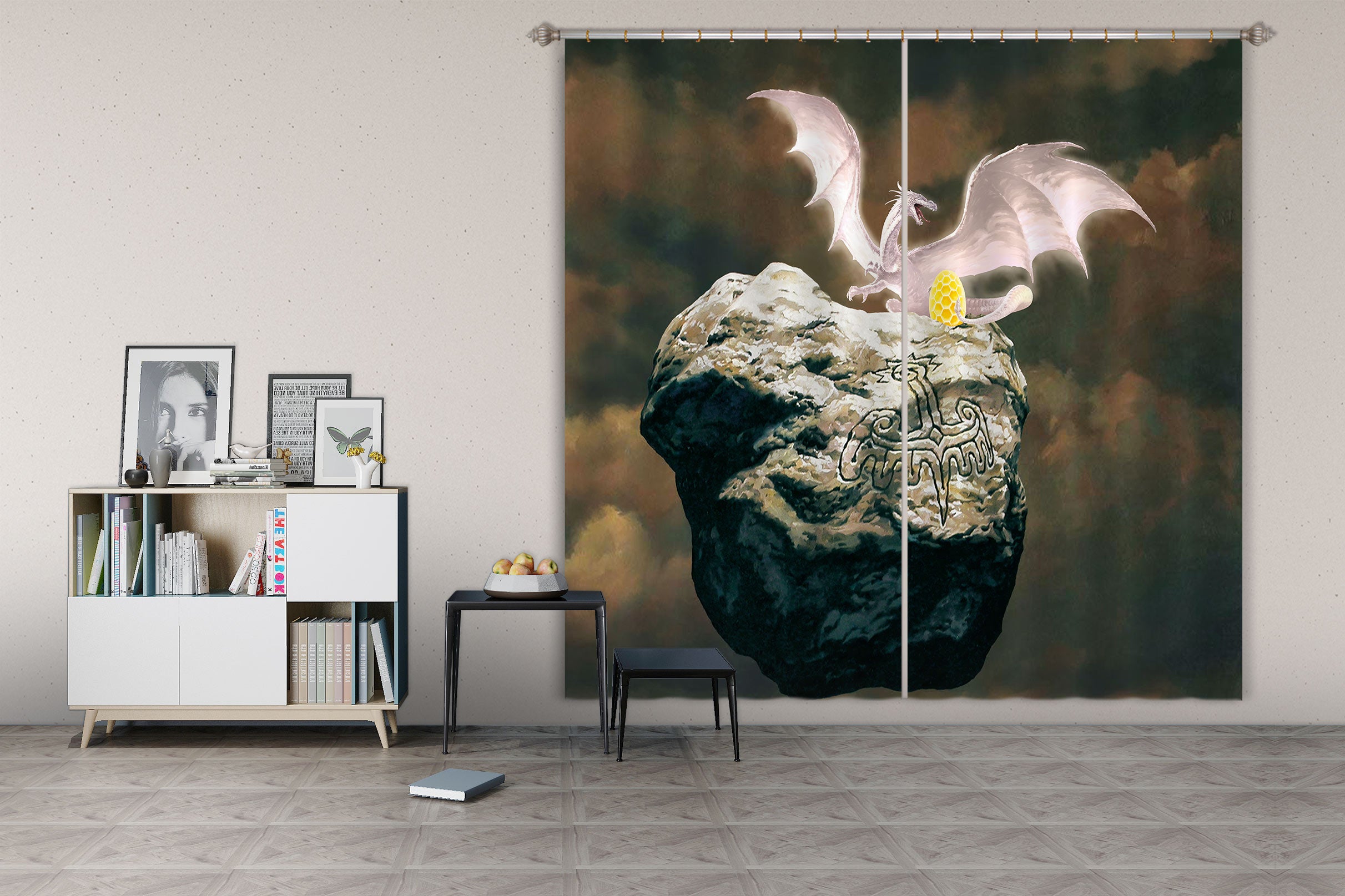 3D Stone White Dragon Golden Egg 7198 Ciruelo Curtain Curtains Drapes