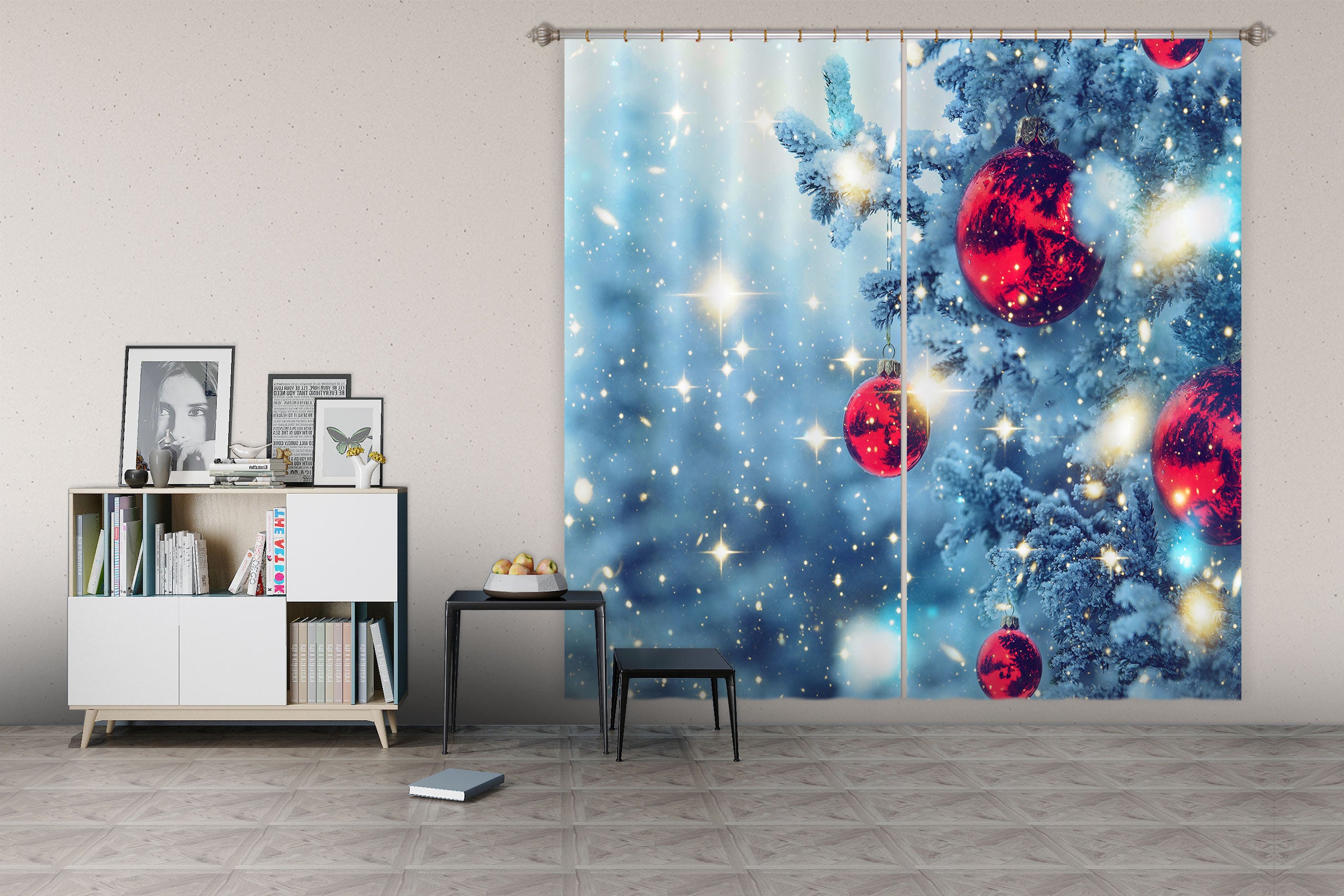 3D Snow Tree Red Ball 53118 Christmas Curtains Drapes Xmas