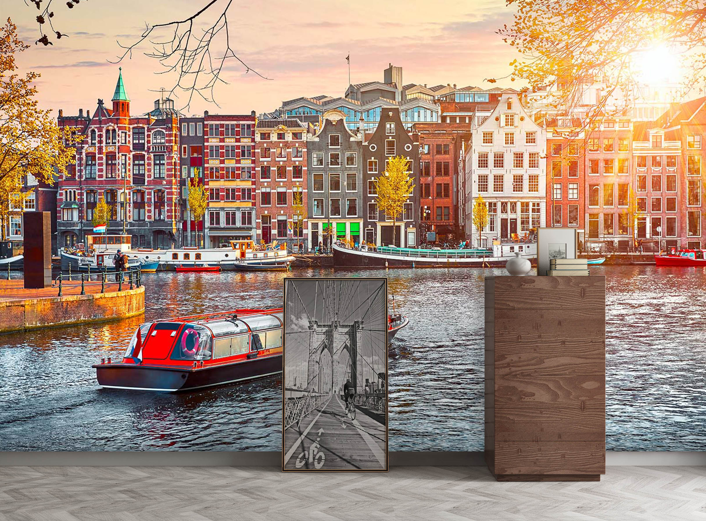 3D City Sunset Boat 416 Vehicle Wall Murals