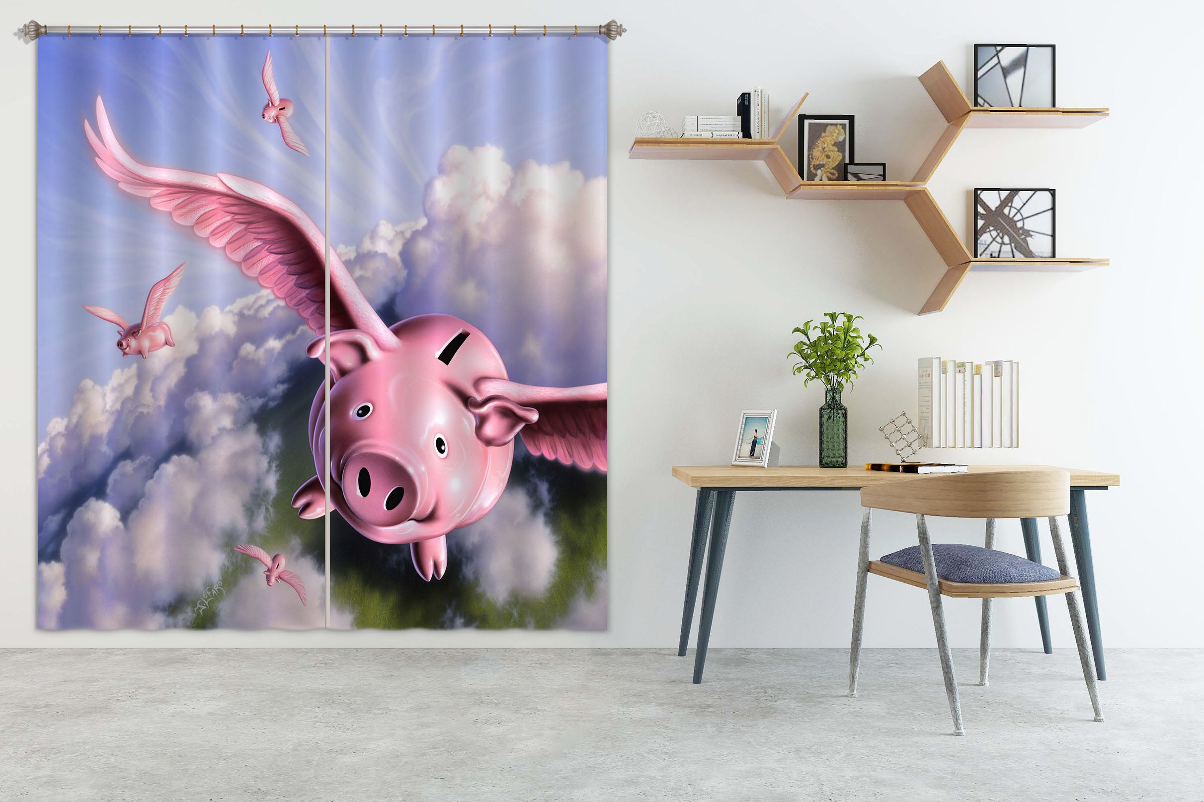 3D Flying Pig 072 Jerry LoFaro Curtain Curtains Drapes