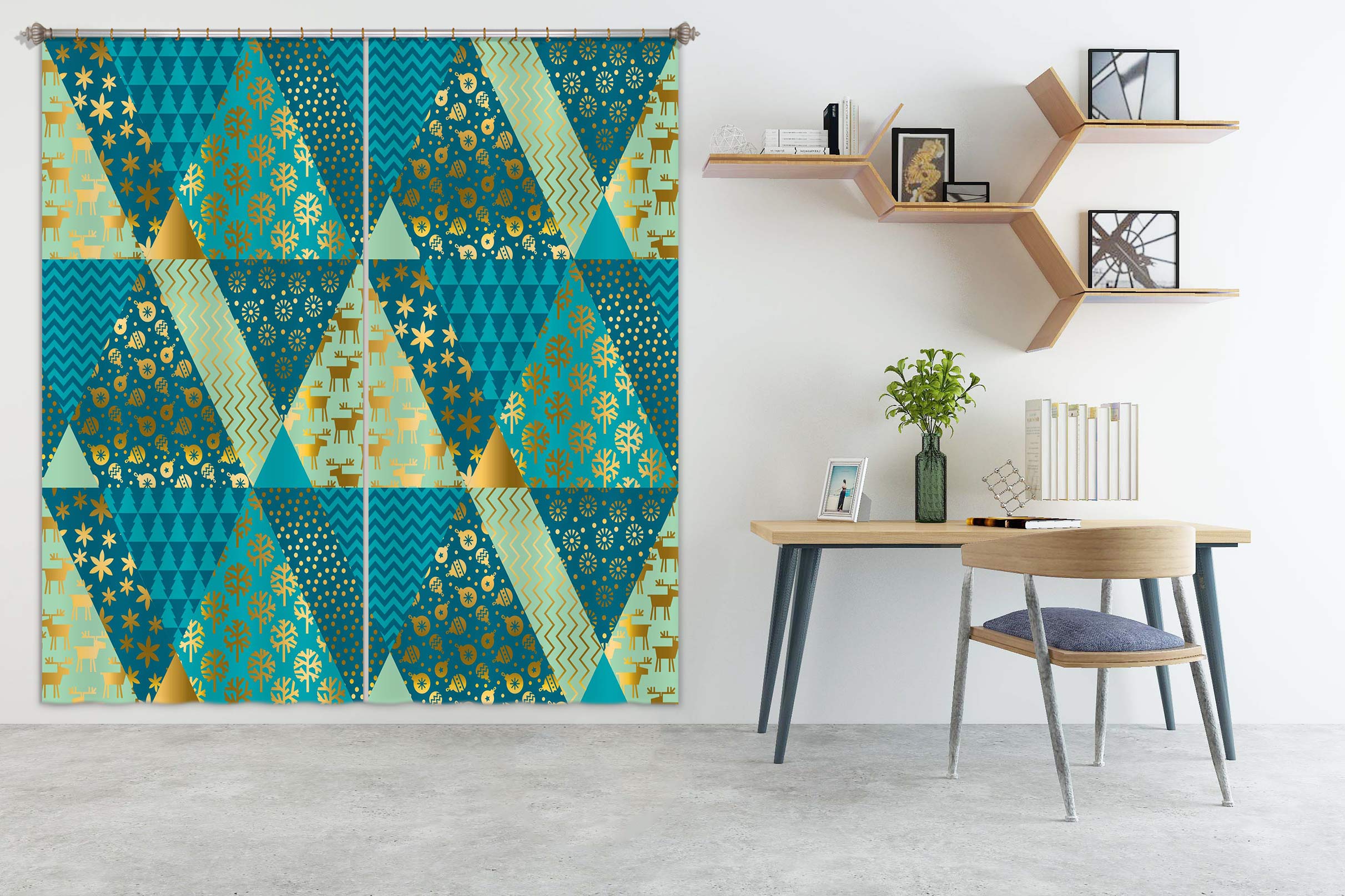 3D Green Triangle Pattern 53114 Christmas Curtains Drapes Xmas