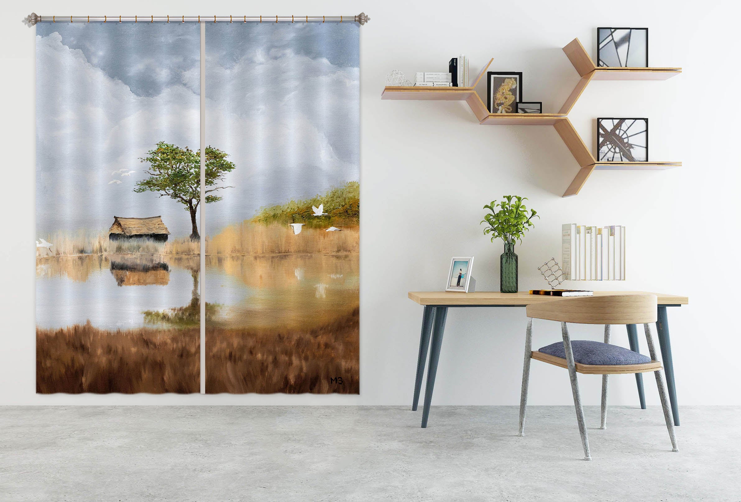 3D Grassland Tree Cabin 1732 Marina Zotova Curtain Curtains Drapes
