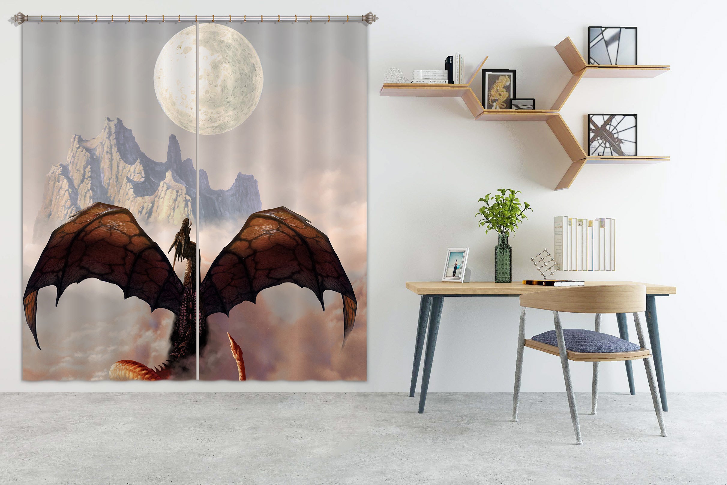 3D Mountain Moon Dragon 7212 Ciruelo Curtain Curtains Drapes
