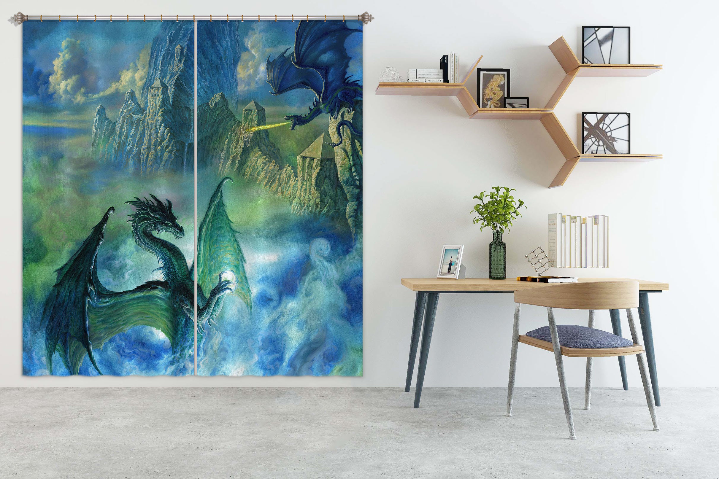 3D Blue Cloudy Mountain Dragon 8019 Ciruelo Curtain Curtains Drapes