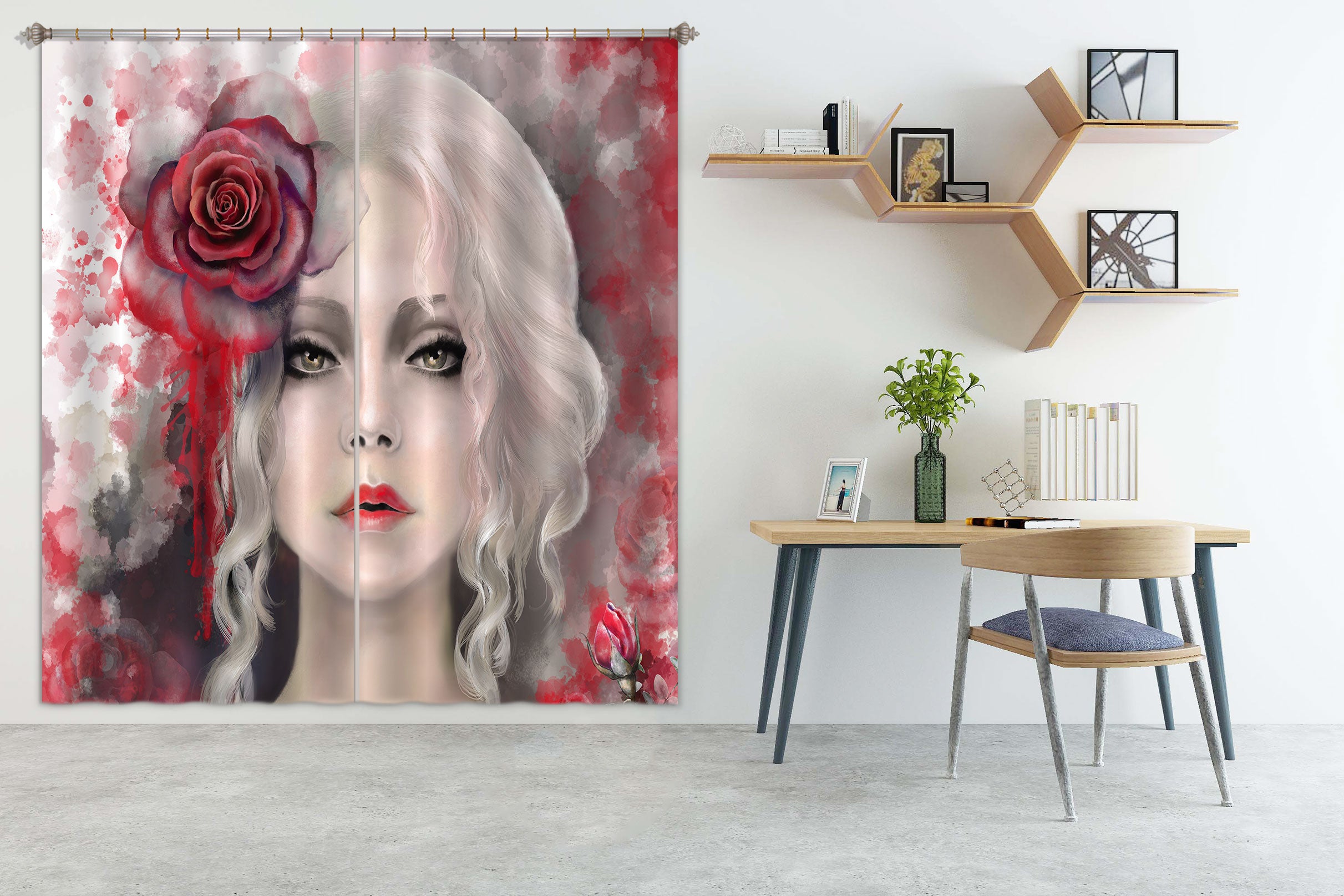 3D Red Rose Lady 041 Curtains Drapes