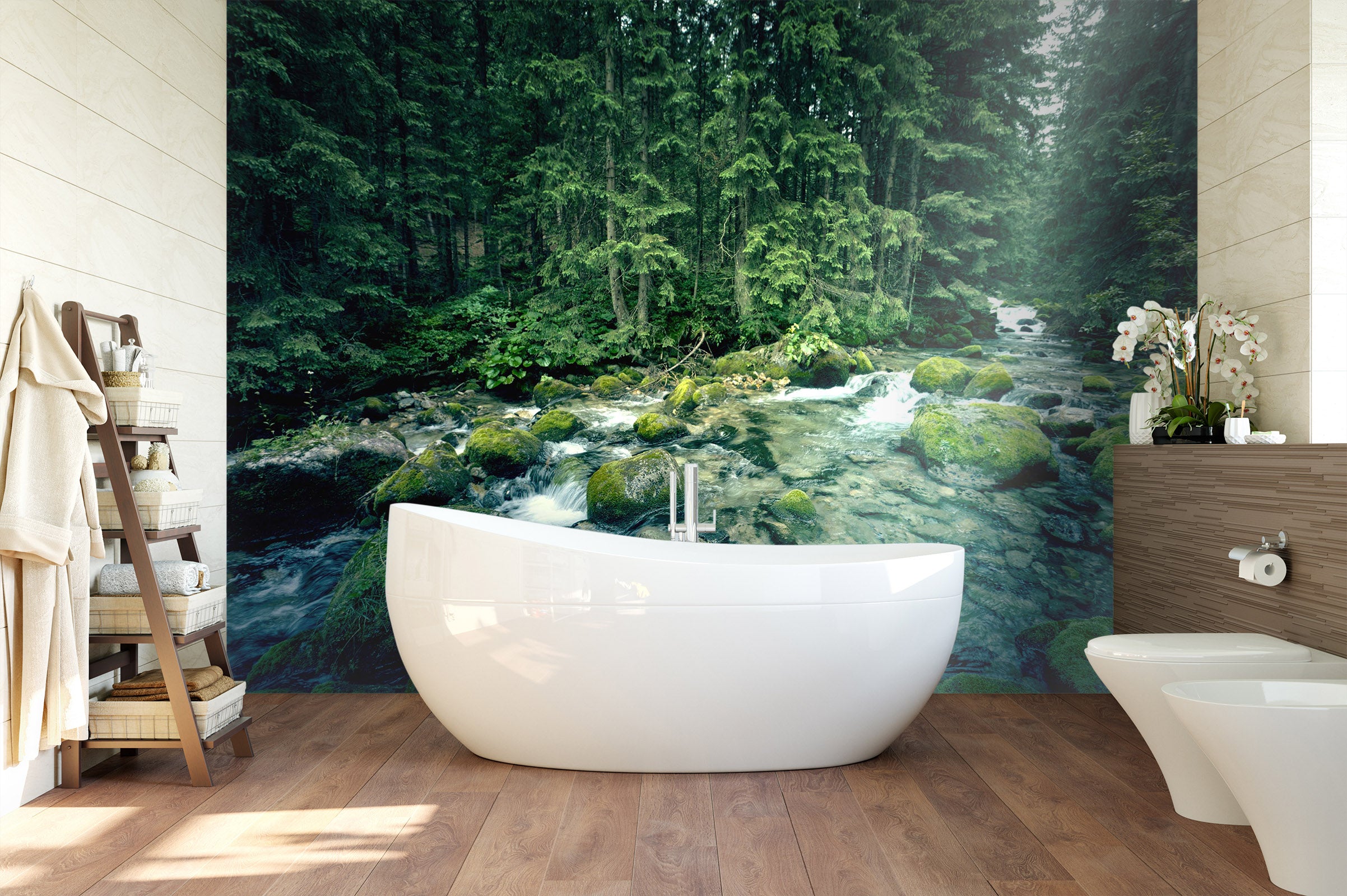 3D River Moss Forest 121 Wall Murals