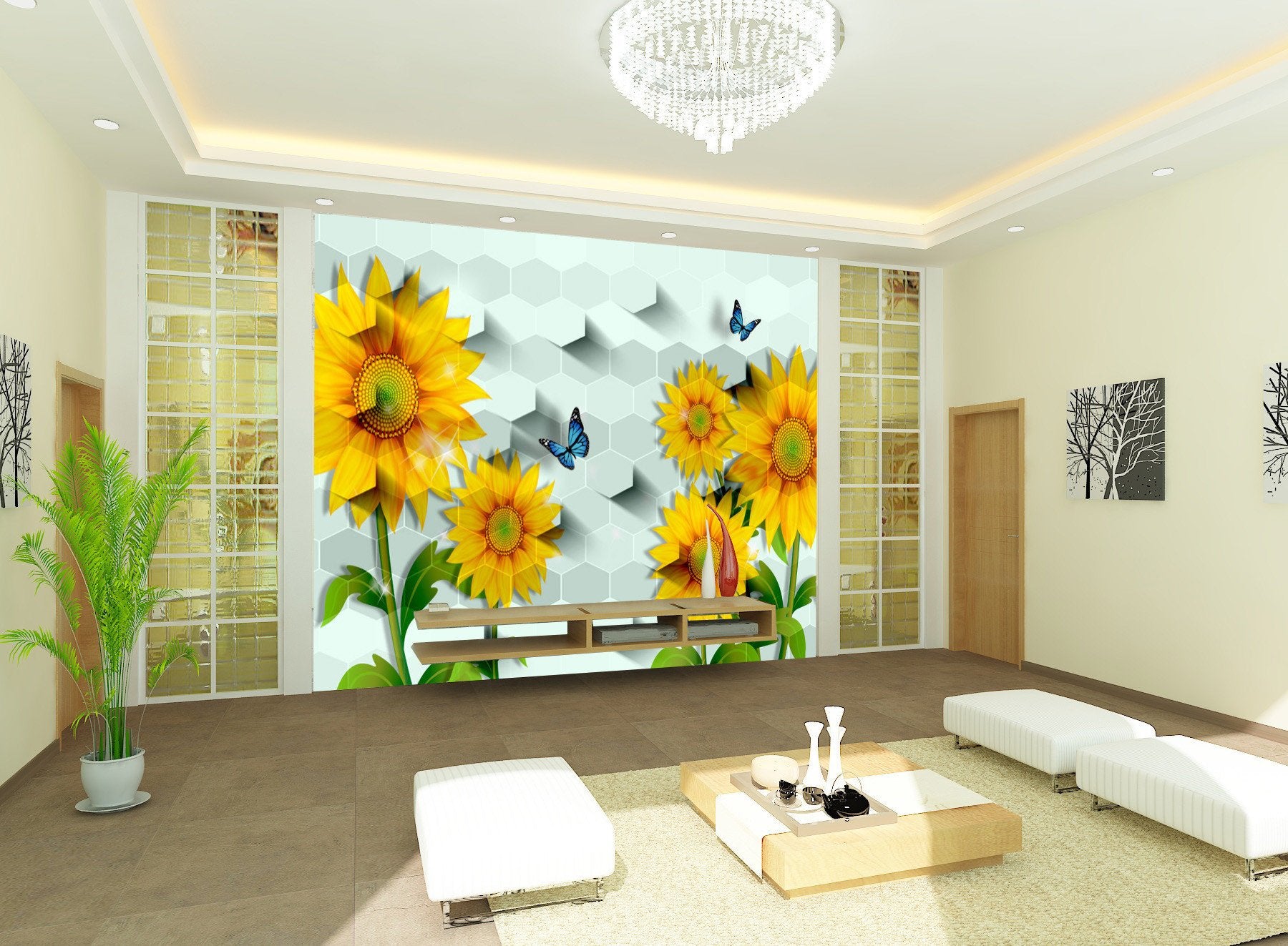 3D Sunflower Butterfly 328 Wallpaper AJ Wallpaper 